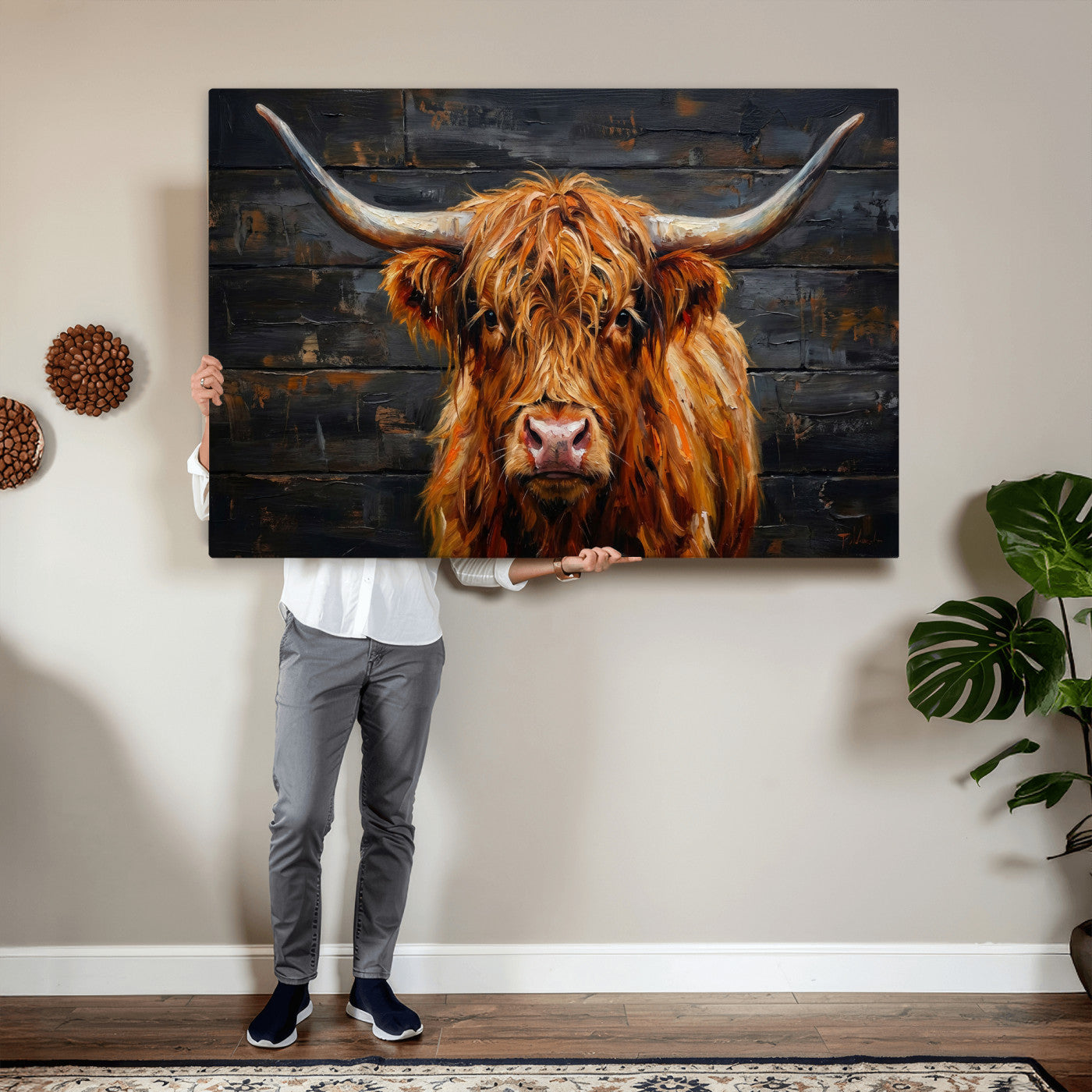 32536611-MGV-CV-36X24 - Highland Cow Wall Art Canvas Print, Rustic Farm Animal Painting, Framed Wall Art Ready to Hang