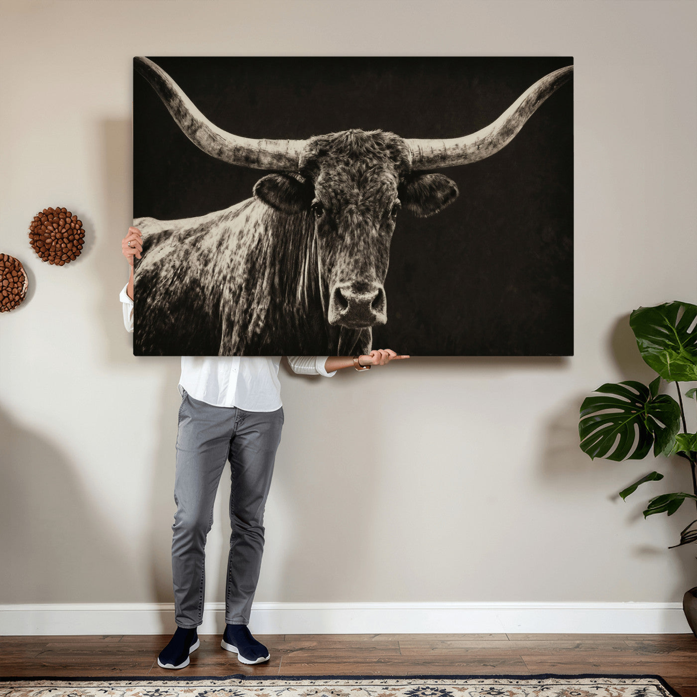 74513721-MGV-CV-36X24 - Vintage Texas Longhorn Bull Wall Art Canvas Print, Cow Portrait Photography Print, Framed Wall Art Ready to Hang