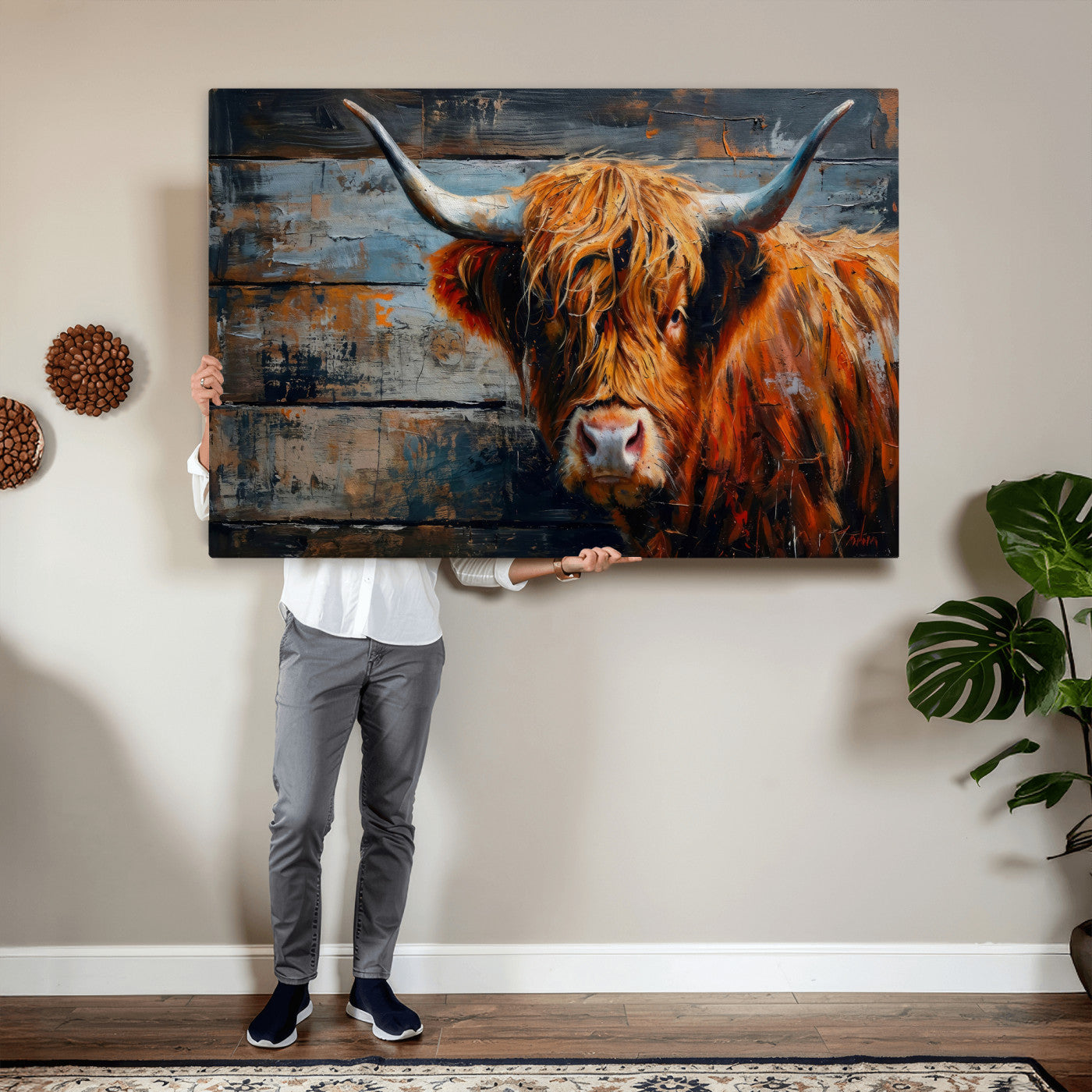 90271423-MGV-CV-36X24 - Highland Cow Wall Art Canvas Print, Abstract Rustic Farm Animal Wall Art Print, Framed Wall Art Ready to Hang