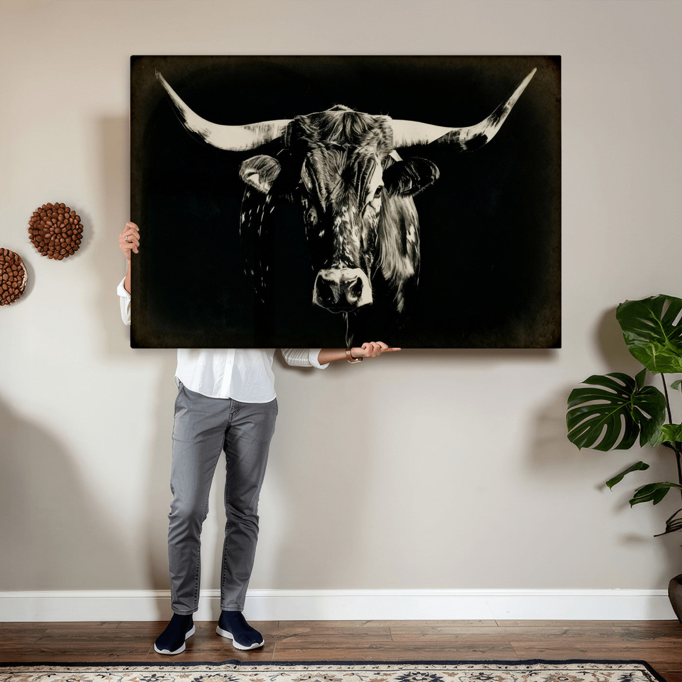 91364114-MGV-CV-36X24 - Black Bull Wall Art Canvas Print, Texas Longhorn Portrait Print, Framed Wall Art Ready to Hang