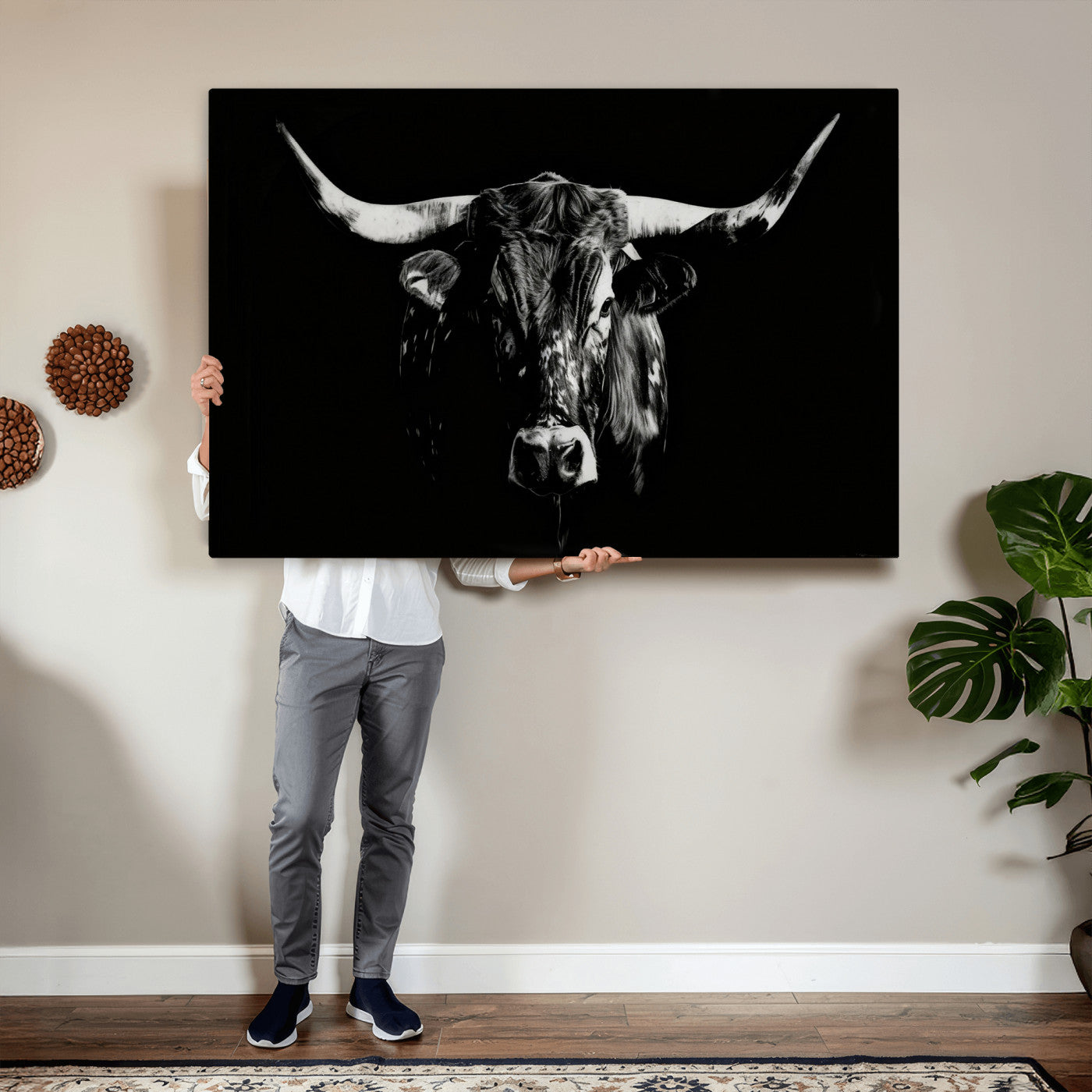 21436434-MGV-CV-36X24 - Black Bull Wall Art Canvas Print, Dark Longhorn Portrait Photography, Framed Wall Art Ready to Hang