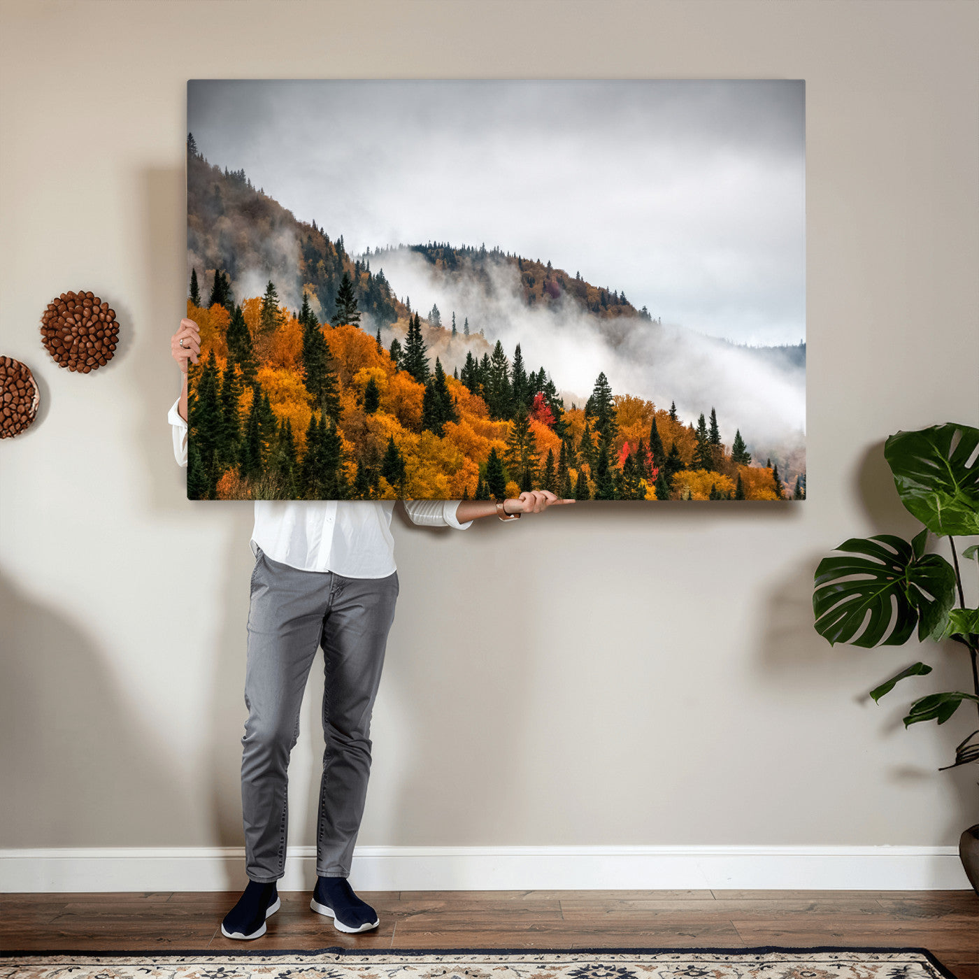 93581632-MGV-CV-36X24 - Autumn Forest Wall Art Canvas Print, Foggy Mountain Landscape Nature Photography, Framed Wall Art Ready to Hang