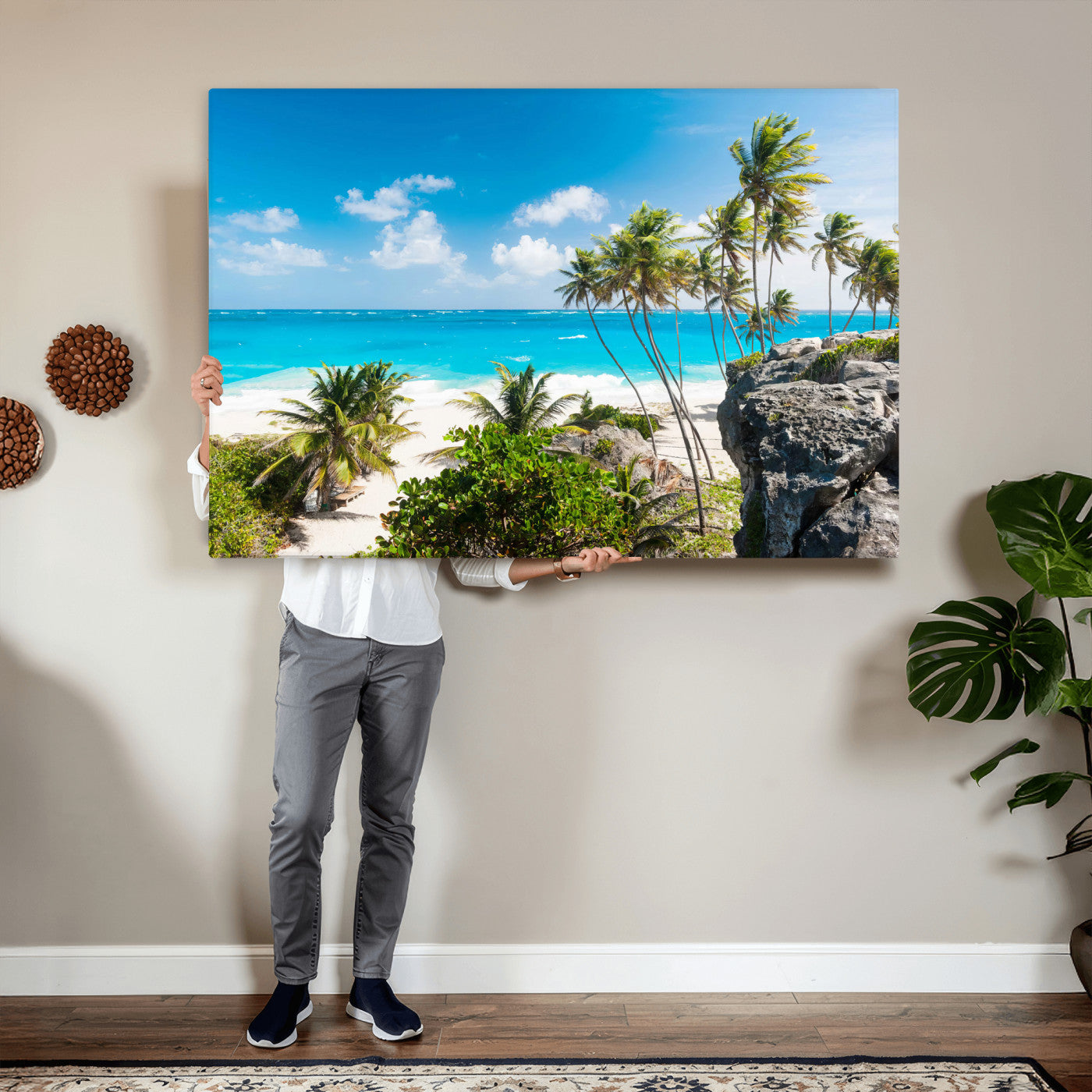 79995168-MGV-CV-36X24 - Barbados Beach Wall Art Canvas Print, Palm Tree Ocean Landscape, Turquoise Sea Coastal Photography, Tropical Island Wall Decor, Framed Ready to Hang