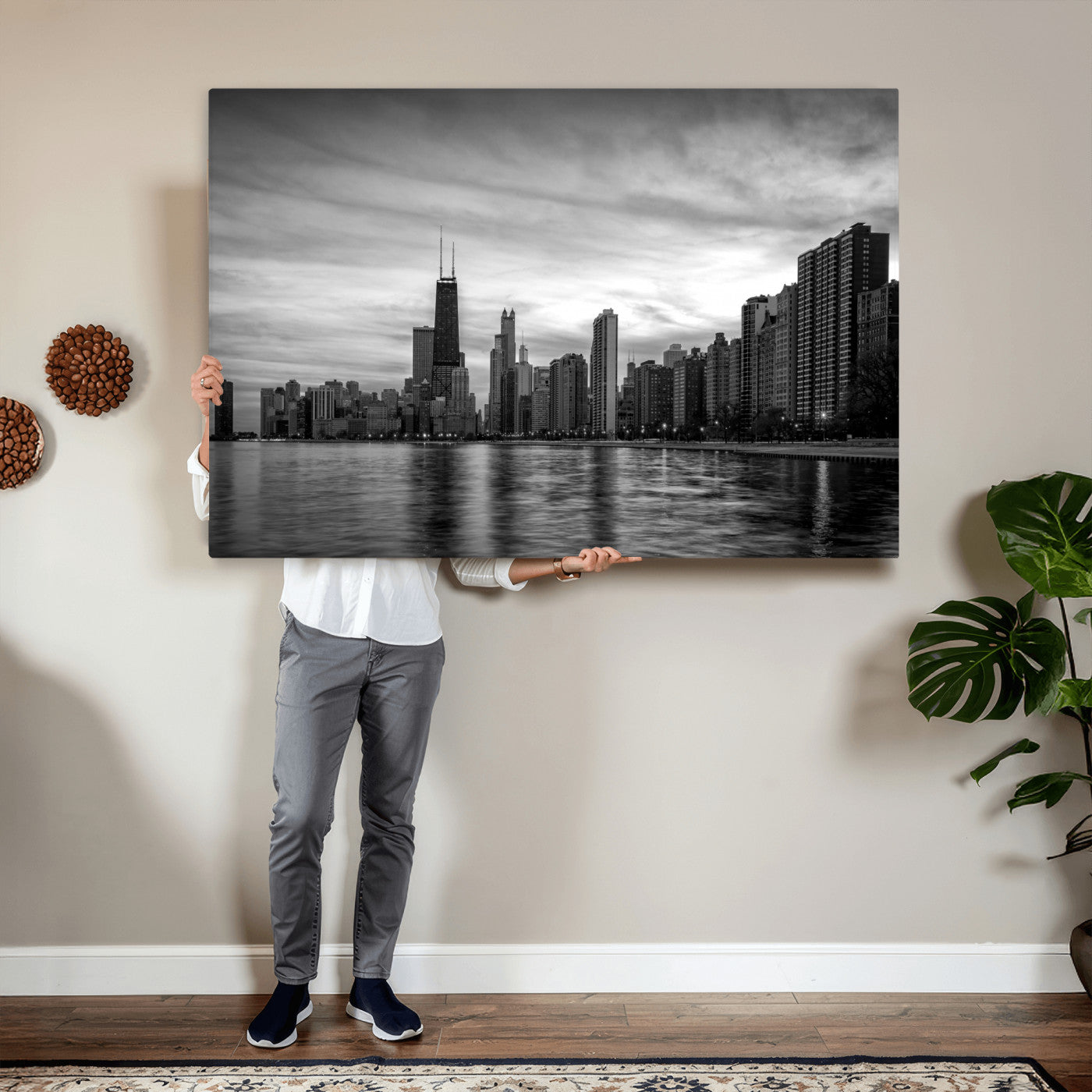 74552581-MGV-CV-36X24 - Chicago Wall Art Canvas Print, Chicago City Downtown Night Cityscape Print for Modern Urban Wall Decor