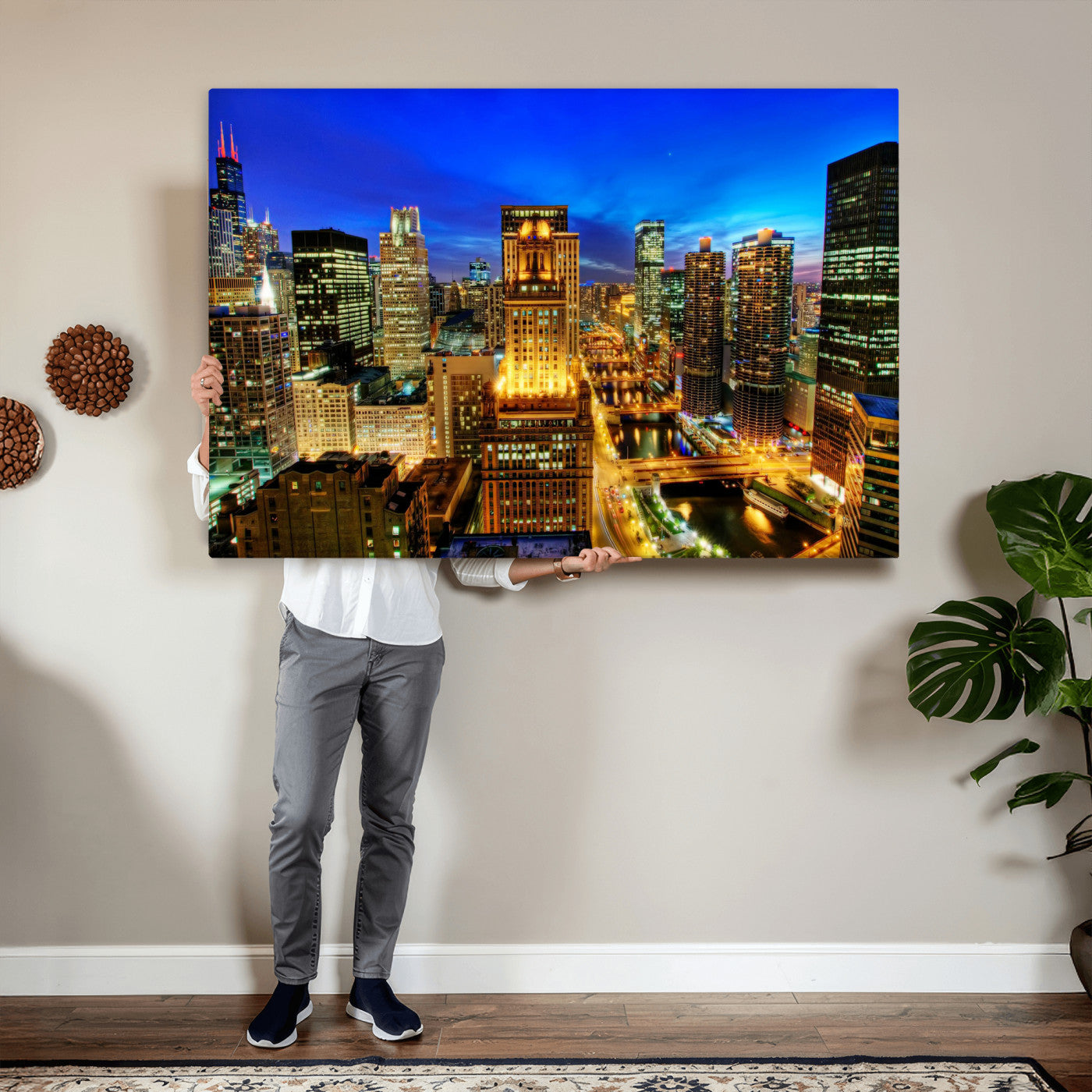 46298885-MGV-CV-36X24 - Chicago Wall Art Canvas Print, Chicago City Downtown Night Cityscape Print for Modern Urban Wall Decor