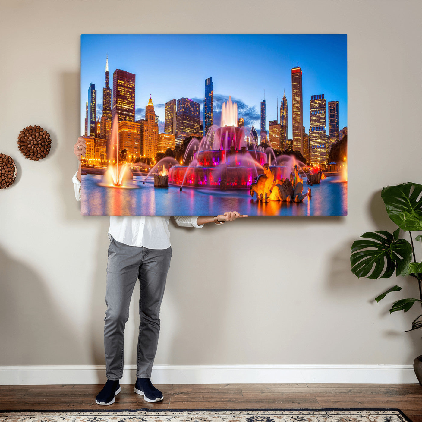 20251989-MGV-CV-36X24 - Chicago Wall Art Canvas Print, Chicago City Downtown Night Cityscape Print for Modern Urban Wall Decor