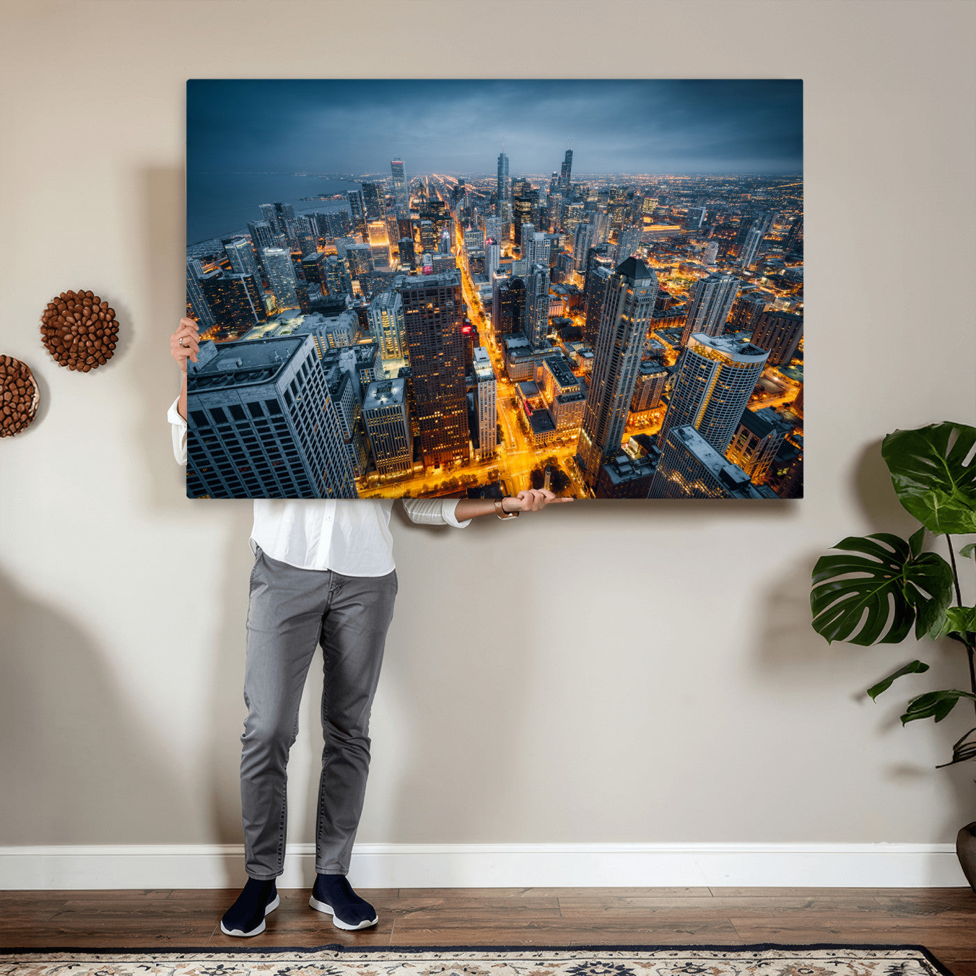 81742538-MGV-CV-36X24 - Chicago Wall Art Canvas Print, Chicago City Downtown Night Cityscape Print for Modern Urban Wall Decor