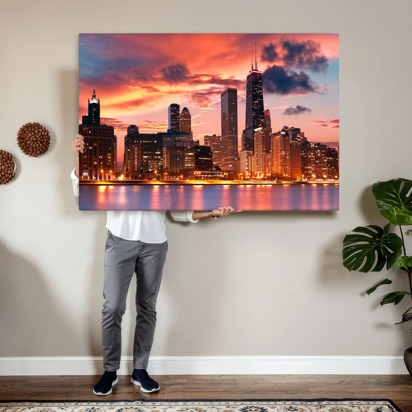 80390109-MGV-CV-36X24 - Chicago Wall Art Canvas Print, Chicago City Downtown Night Cityscape Print for Modern Urban Wall Decor