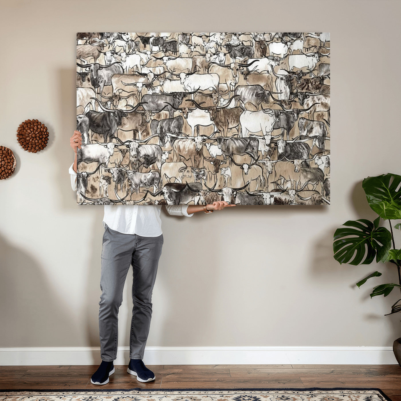 64368752-MGV-CV-36X24 - Farmhouse Animals Wall Art Canvas Print - Abstract Farm Animal Drawing Mid-Century Wall Art for Cabin Decor