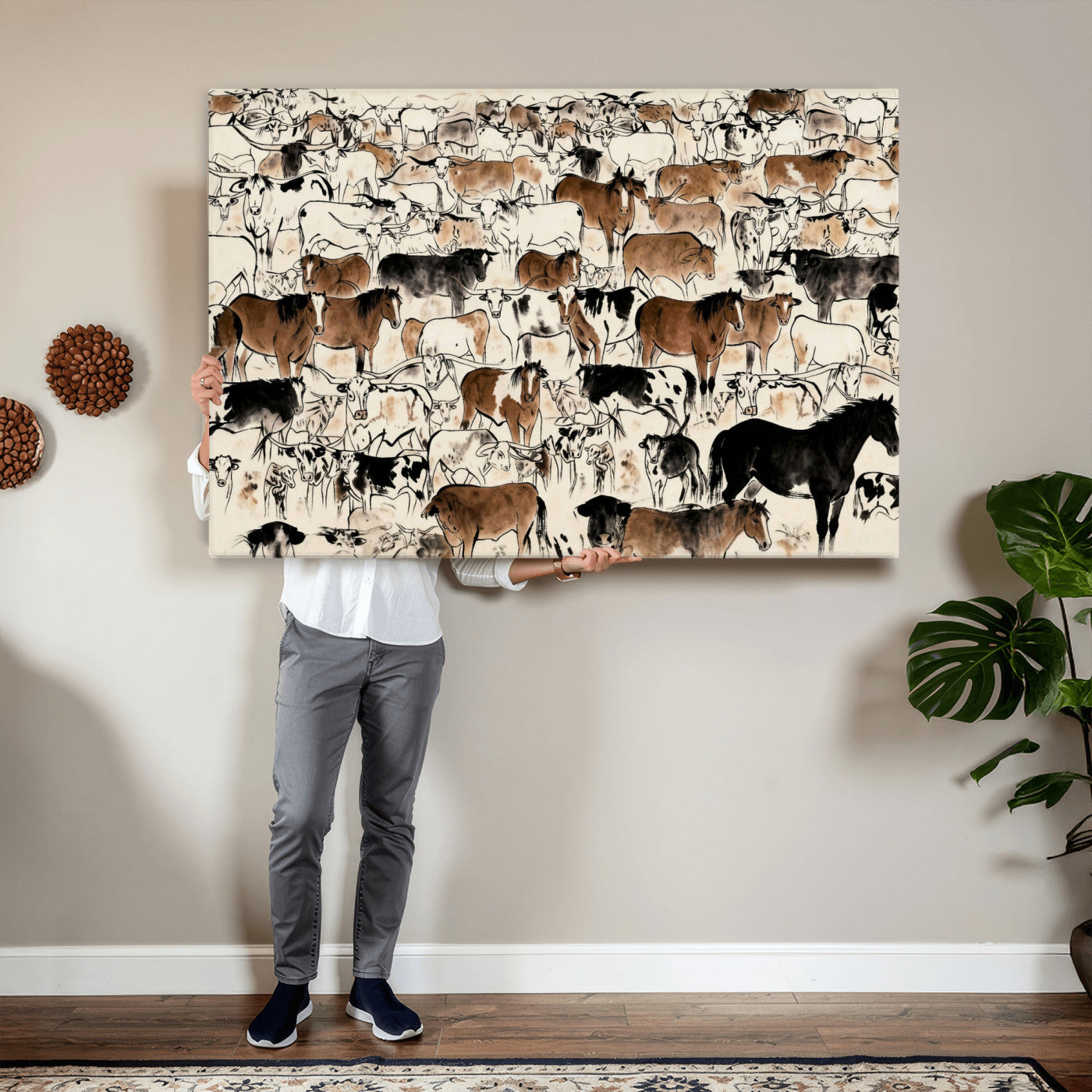 86150485-MGV-CV-36X24 - Farmhouse Animals Wall Art Canvas Print - Abstract Farm Animal Drawing Mid-Century Wall Art for Cabin Decor