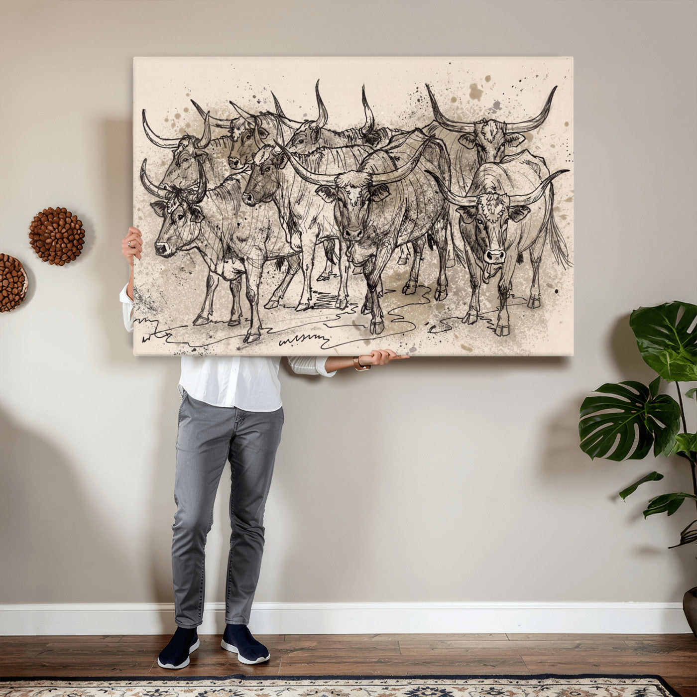 74232558-MGV-CV-36X24 - Farmhouse Animals Wall Art Canvas Print - Abstract Farm Animal Drawing Mid-Century Wall Art for Cabin Decor