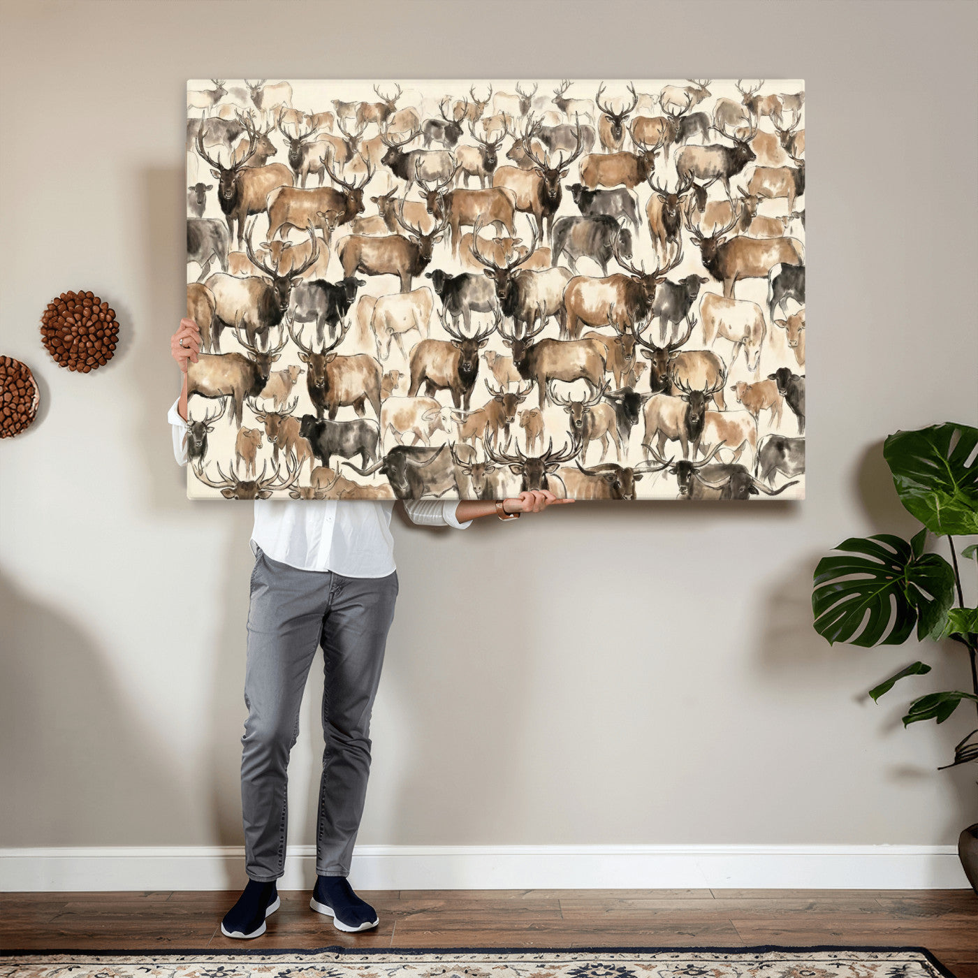 24374881-MGV-CV-36X24 - Farmhouse Animals Wall Art Canvas Print - Abstract Farm Animal Drawing Mid-Century Wall Art for Cabin Decor