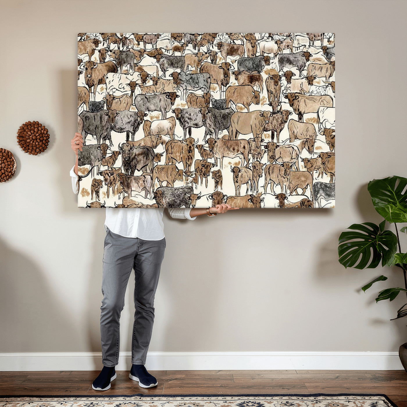 76902119-MGV-CV-36X24 - Farmhouse Animals Wall Art Canvas Print - Abstract Farm Animal Drawing Mid-Century Wall Art for Cabin Decor
