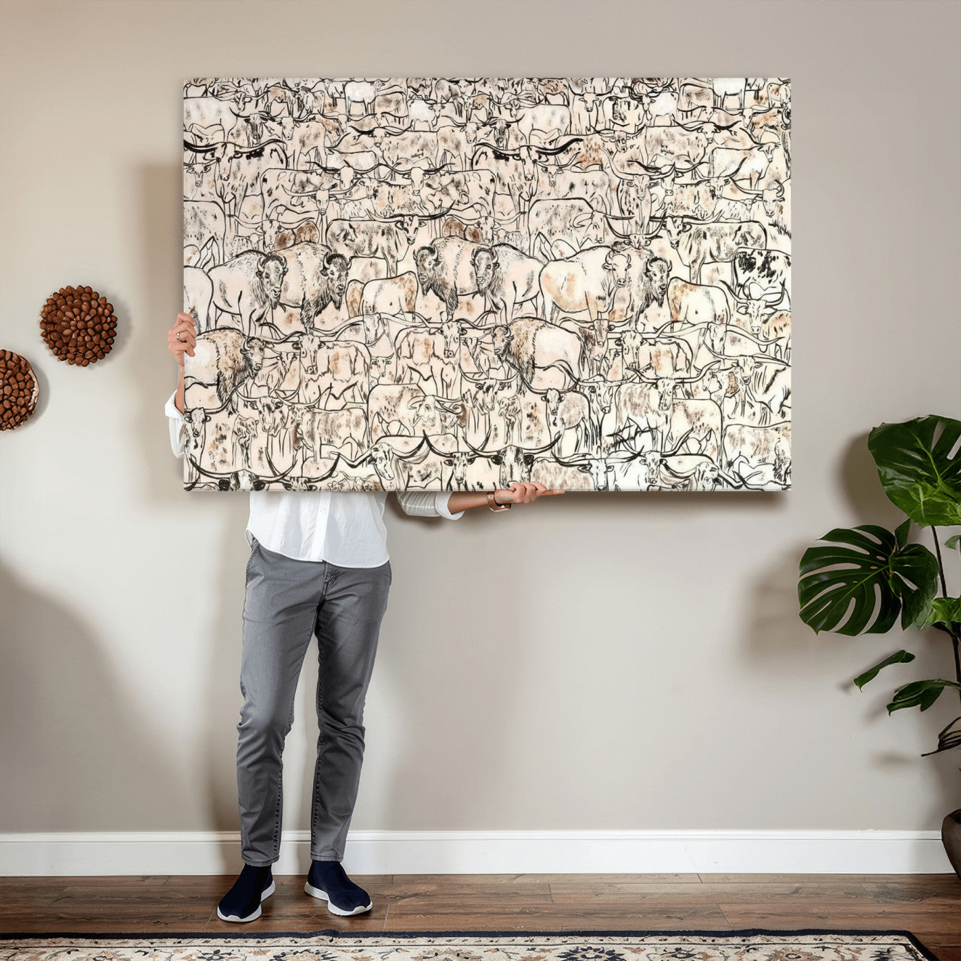 36925875-MGV-CV-36X24 - Farmhouse Animals Wall Art Canvas Print - Abstract Farm Animal Drawing Mid-Century Wall Art for Cabin Decor