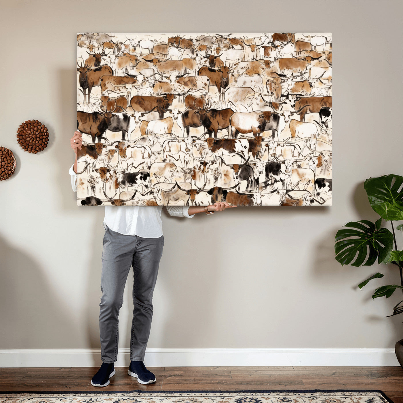 81416572-MGV-CV-36X24 - Farmhouse Animals Wall Art Canvas Print - Abstract Farm Animal Drawing Mid-Century Wall Art for Cabin Decor