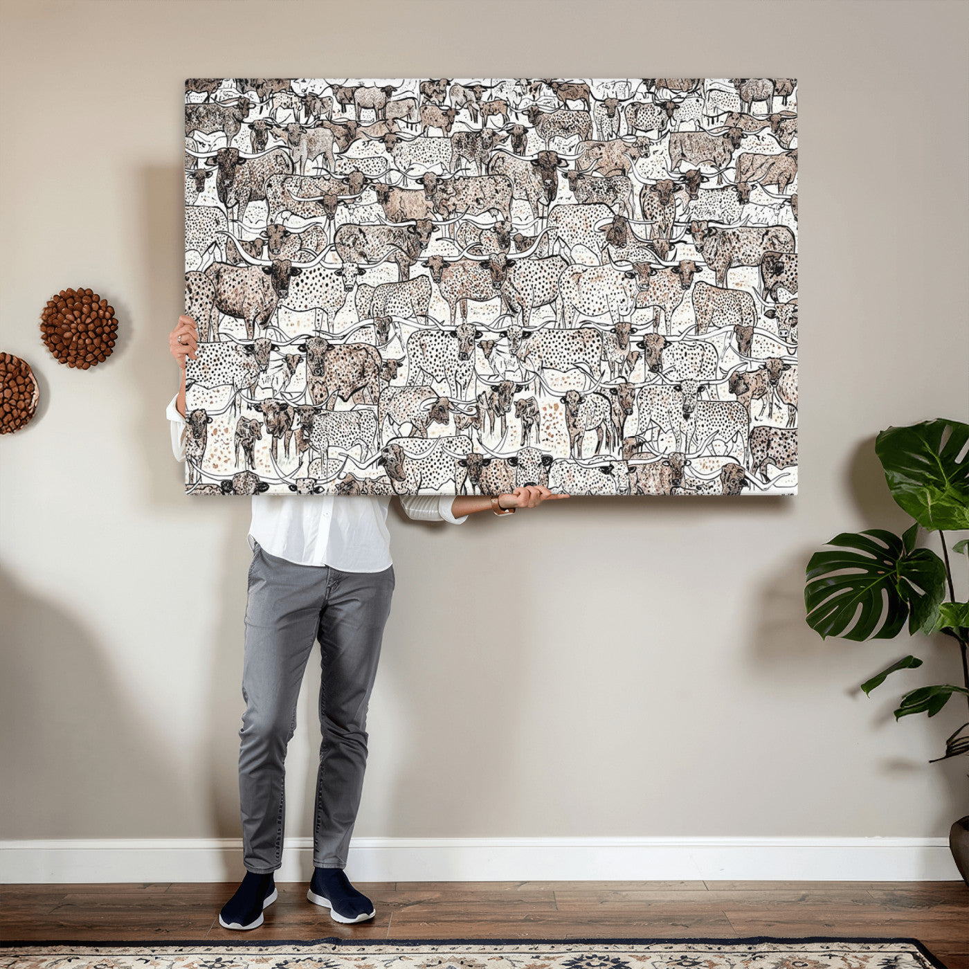 49200255-MGV-CV-36X24 - Farmhouse Animals Wall Art Canvas Print - Abstract Farm Animal Drawing Mid-Century Wall Art for Cabin Decor