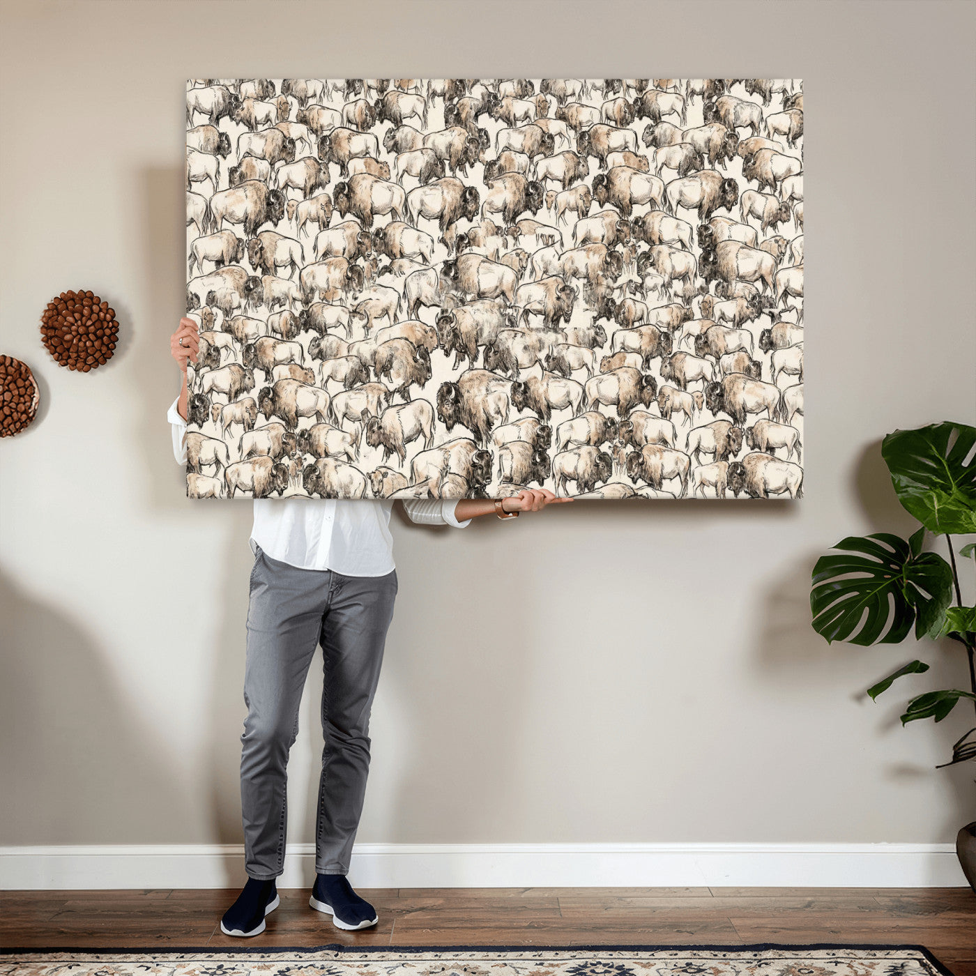 77502929-MGV-CV-36X24 - Farmhouse Animals Wall Art Canvas Print - Abstract Farm Animal Drawing Mid-Century Wall Art for Cabin Decor