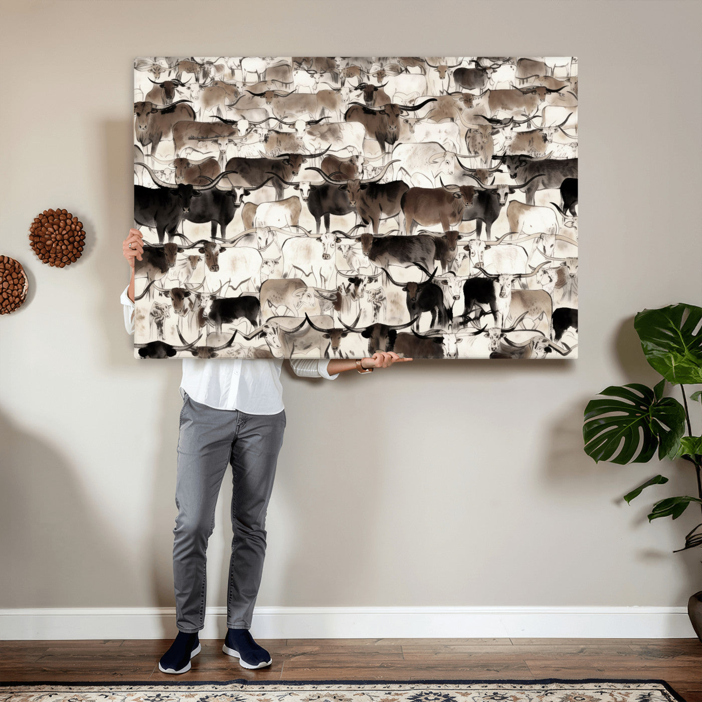 46084312-MGV-CV-36X24 - Farmhouse Animals Wall Art Canvas Print - Abstract Farm Animal Drawing Mid-Century Wall Art for Cabin Decor