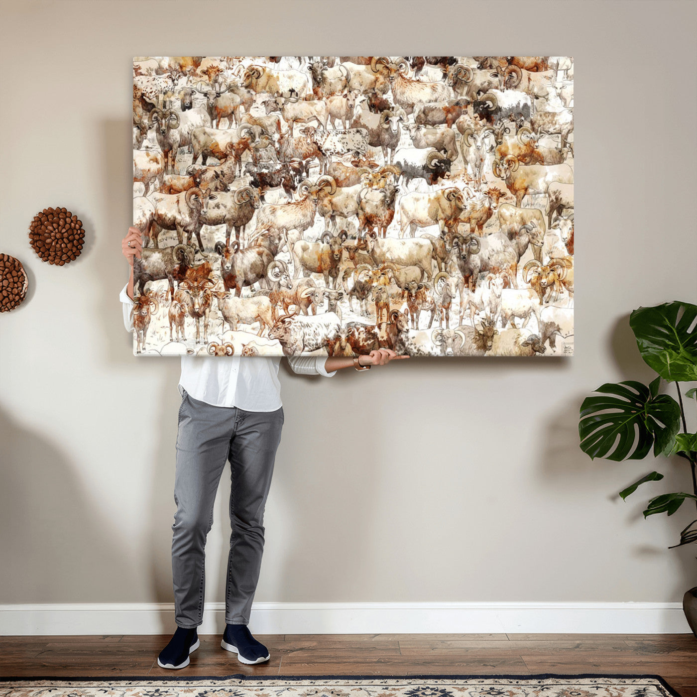 95103864-MGV-CV-36X24 - Farmhouse Animals Wall Art Canvas Print - Abstract Farm Animal Drawing Mid-Century Wall Art for Cabin Decor