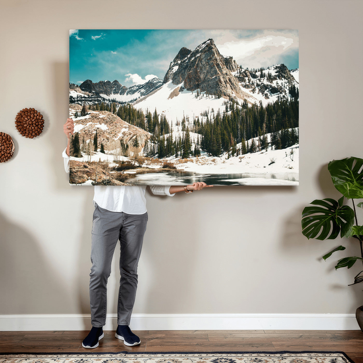 56837070-MGV-CV-36X24 - Snowy Mountain Landscape Wall Art Canvas Print, Alpine Pine Forest Winter Nature Wall Decor for Living Room and Office