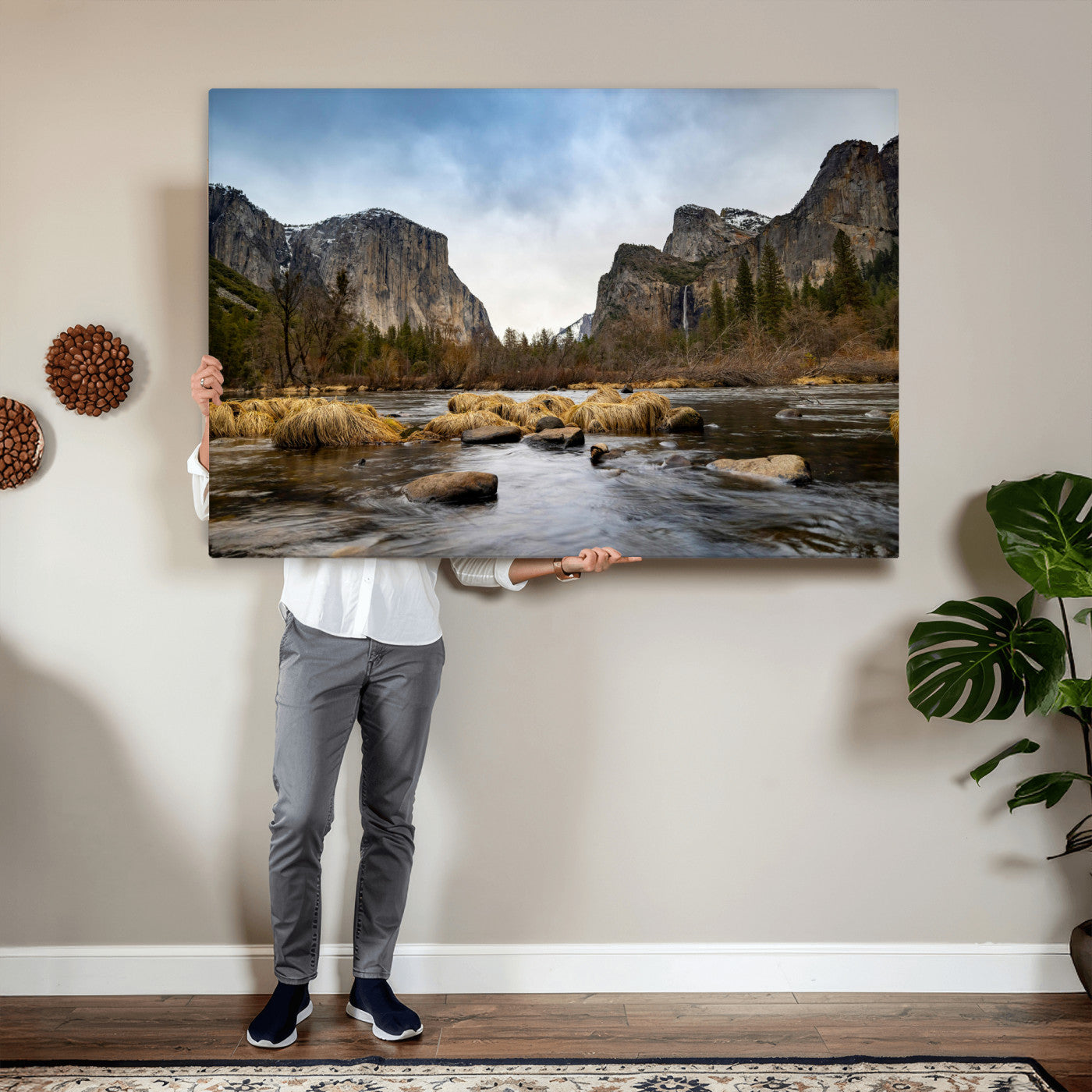 20458404-MGV-CV-36X24 - Yosemite Valley Mountain Landscape Wall Art Canvas Print, Granite Cliff Forest Valley Canvas Print, California National Park Scenic Art Printing