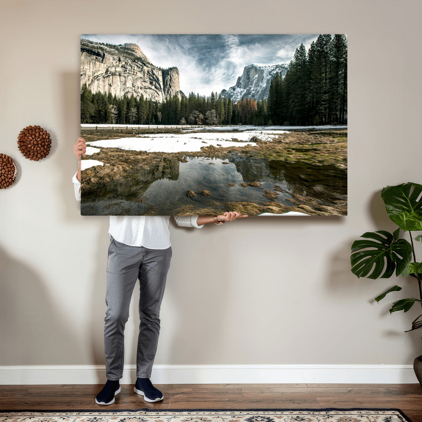 14527348-MGV-CV-36X24 - Yosemite Valley Mountain Landscape Wall Art Canvas Print, Granite Cliff Forest Valley Canvas Print, California National Park Scenic Art Printing