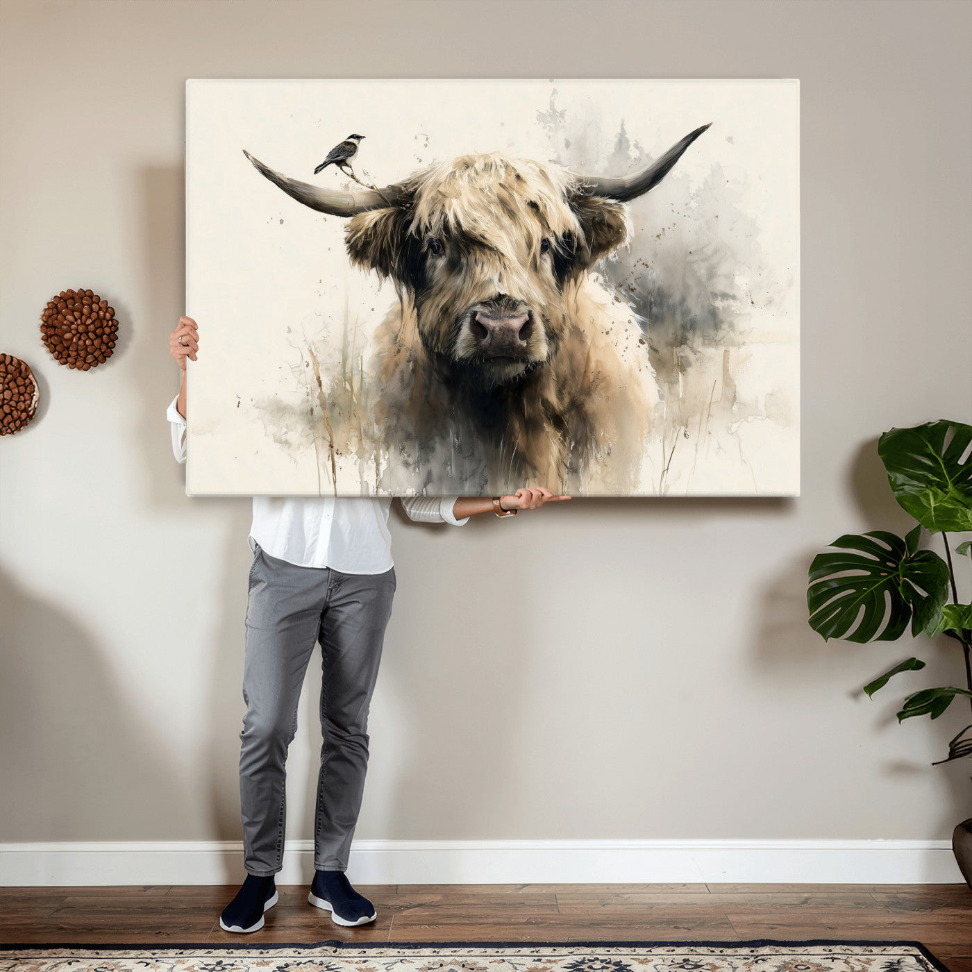 98249290-MGV-CV-36X24 - Abstract Highland Cow Watercolor Animal Wall Art Canvas Print, Rustic Farm Cattle Portrait Canvas Print, Neutral Wildlife Farmhouse Art Printing