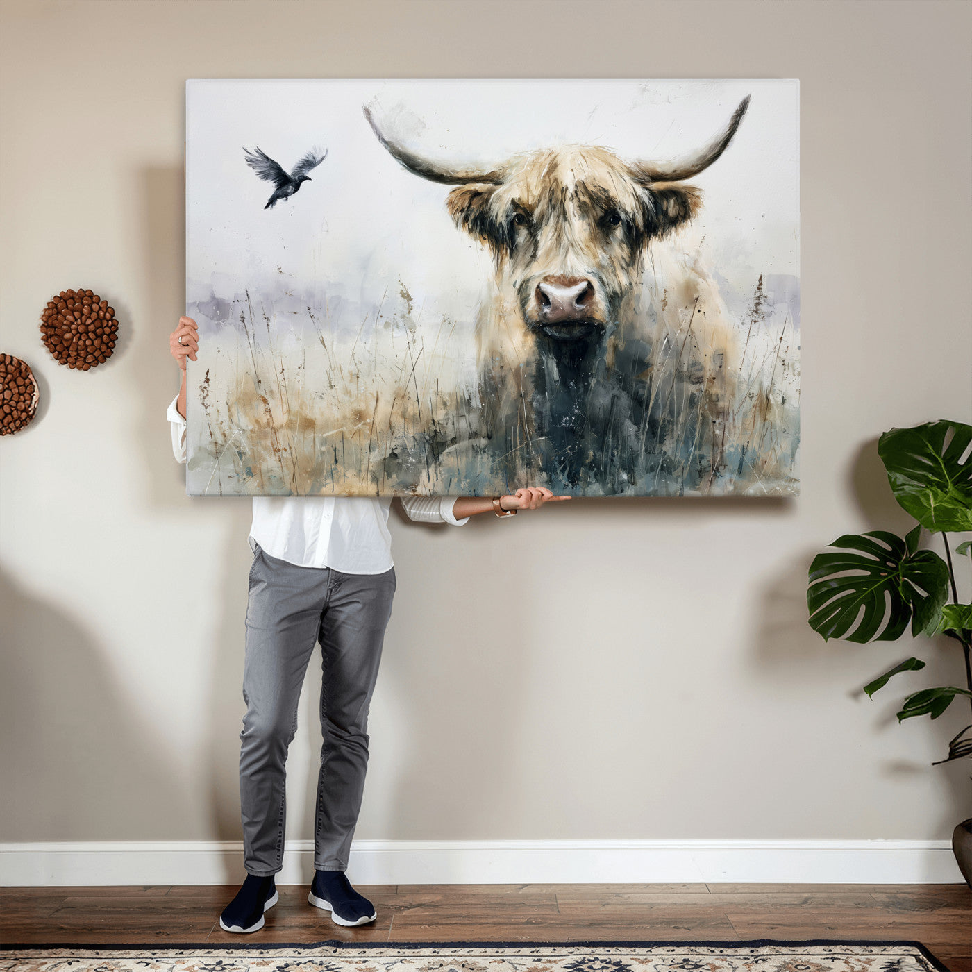 55652651-MGV-CV-36X24 - Abstract Highland Cow Watercolor Animal Wall Art Canvas Print, Rustic Farm Cattle Portrait Canvas Print, Neutral Wildlife Farmhouse Art Printing