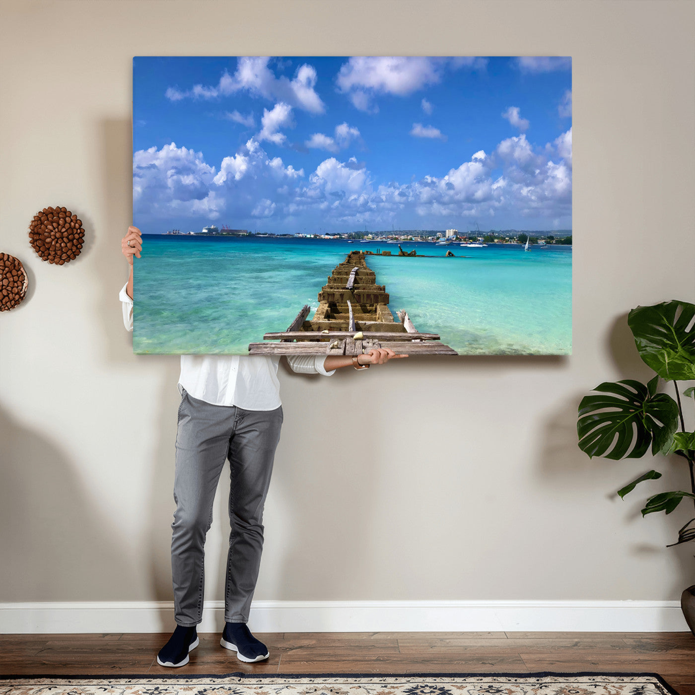 43165024-MGV-CV-36X24 - Caribbean Ocean Pier Seascape Wall Art Canvas Print, Turquoise Sea Tropical Harbor Canvas Print, Island Coastal Blue Water Scenic Art Printing