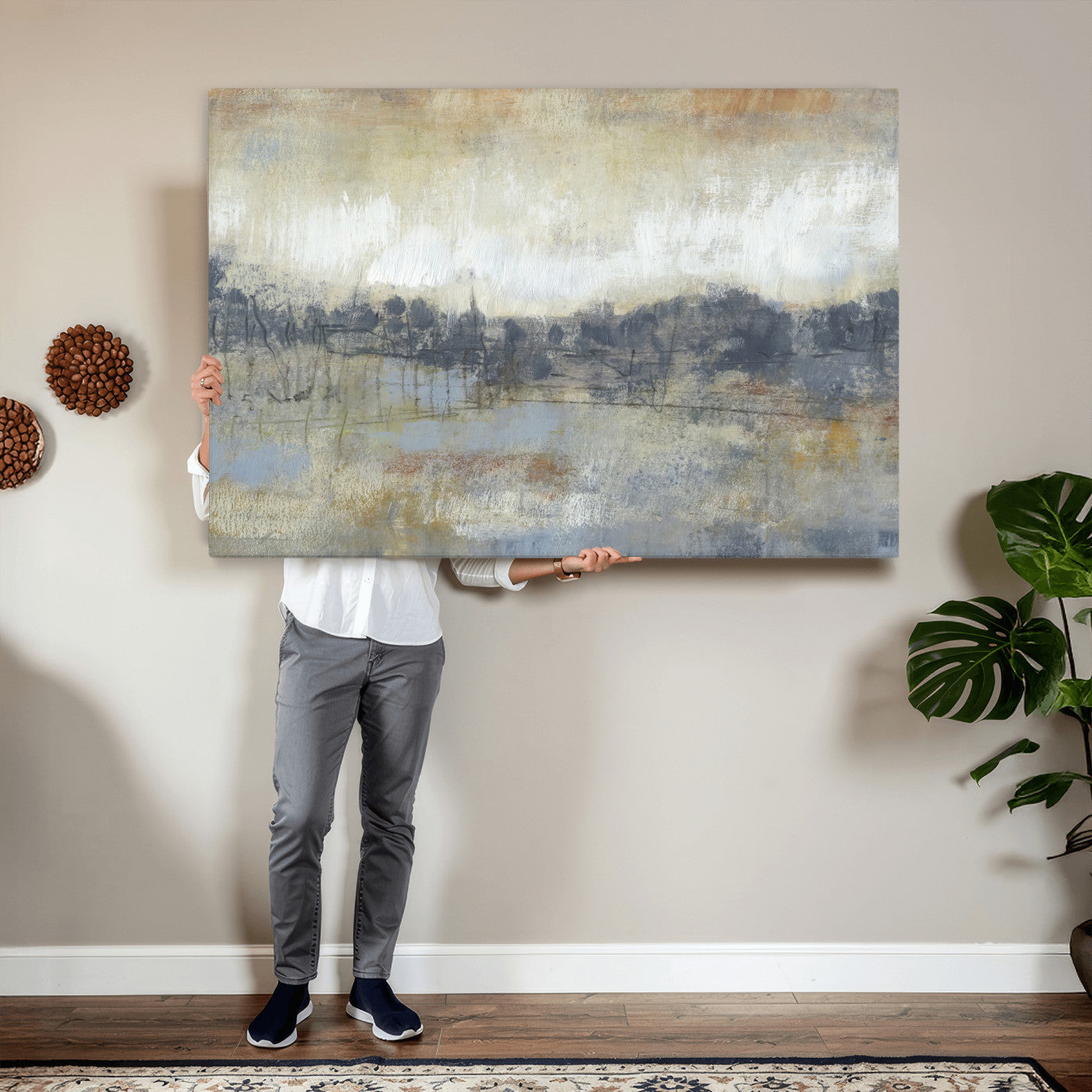 73973590-MGV-CV-36X24 - Abstract Neutral Landscape Painting Wall Art Canvas Print, Modern Minimal Texture Horizon Canvas Print, Beige Gray Contemporary Abstract Art Printing