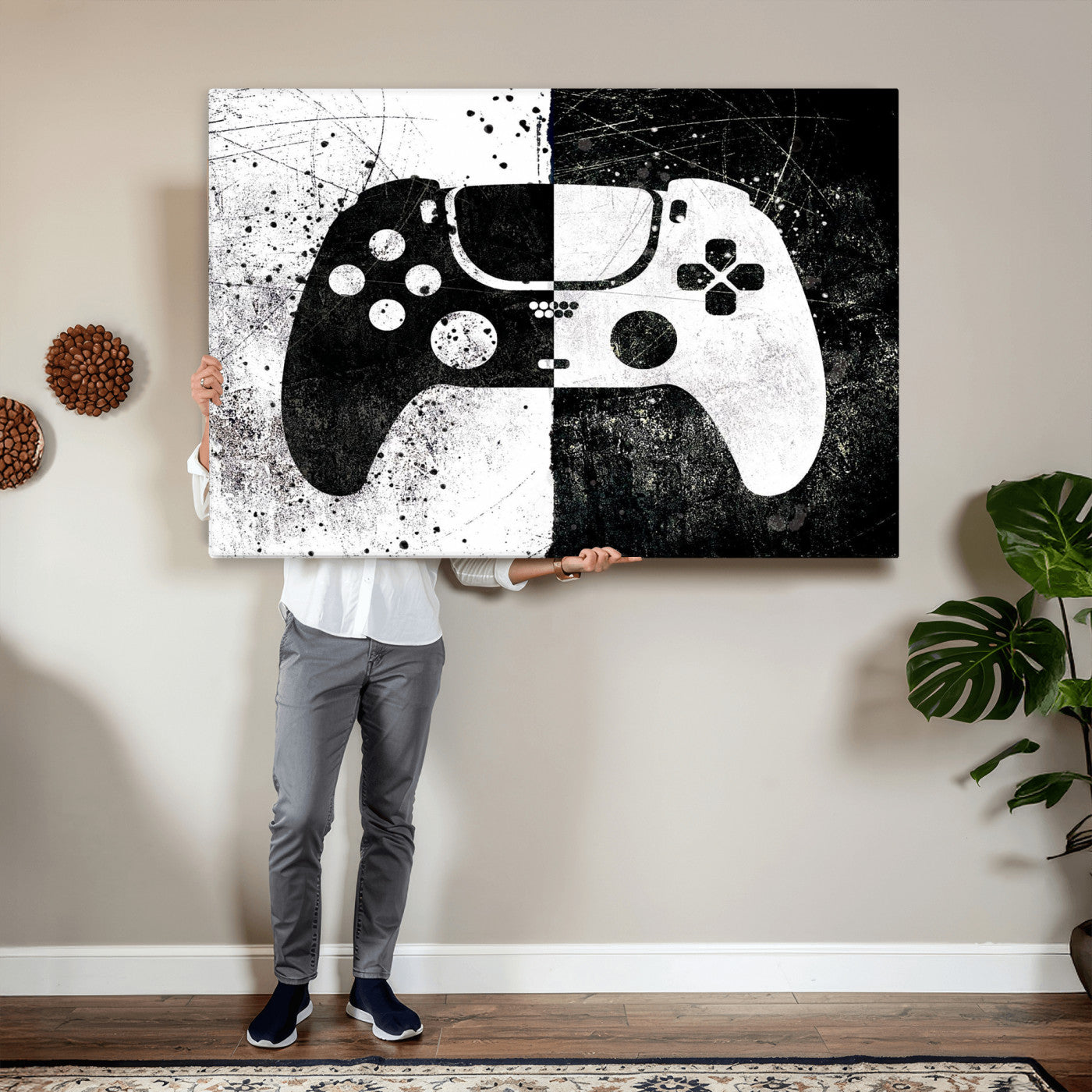 17525128-MGV-CV-36X24 - Abstract Gaming Controller Wall Art Canvas Print, Black White Video Game Controller Modern Canvas Print, Minimal Gamer Graphic Art Printing