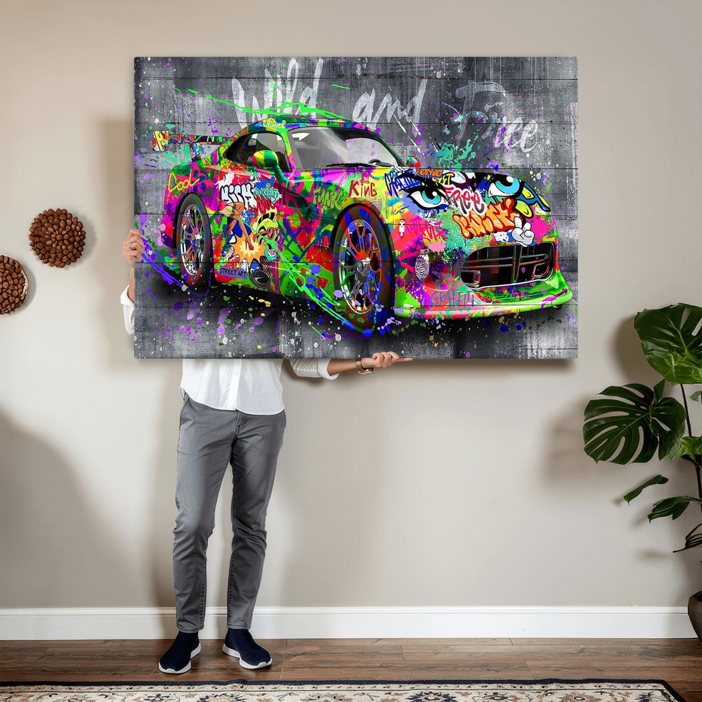 95314968-MGV-CV-36X24 - Graffiti Sports Car Street Art Wall Art Canvas Print, Colorful Urban Supercar Pop Art Canvas Print, Modern Graffiti Car Contemporary Art Printing