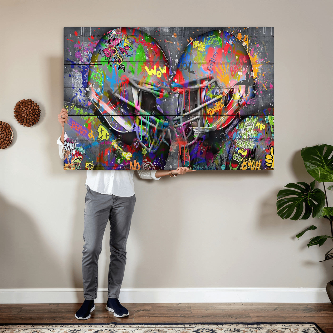 15309853-MGV-CV-36X24 - Graffiti Football Helmets Wall Art Canvas Print, Urban Street Art Sports Decor, Colorful American Football Graffiti Artwork
