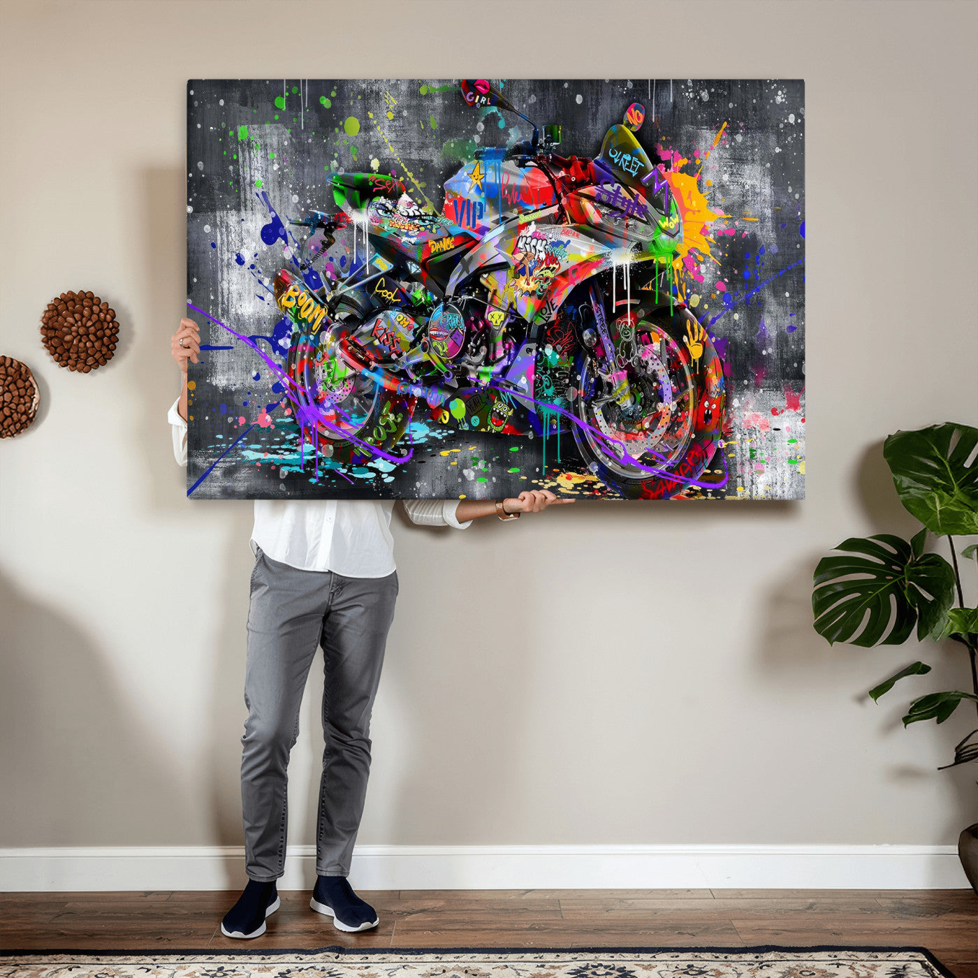 83021767-MGV-CV-36X24 - Graffiti Motorcycle Wall Art Canvas Print, Urban Street Art Motorbike Decor, Colorful Graffiti Sports Bike Artwork