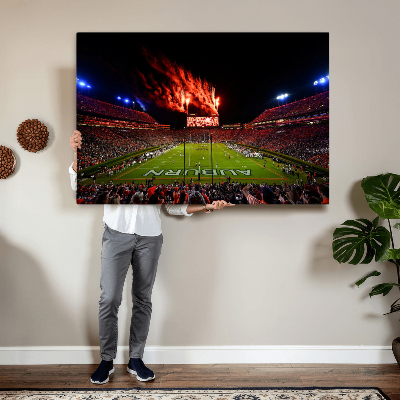 81918884-MGV-CV-36X24 - Auburn Stadium Wall Art Canvas Print, College Football Night Game Crowd, Jordan Hare Stadium Artwork