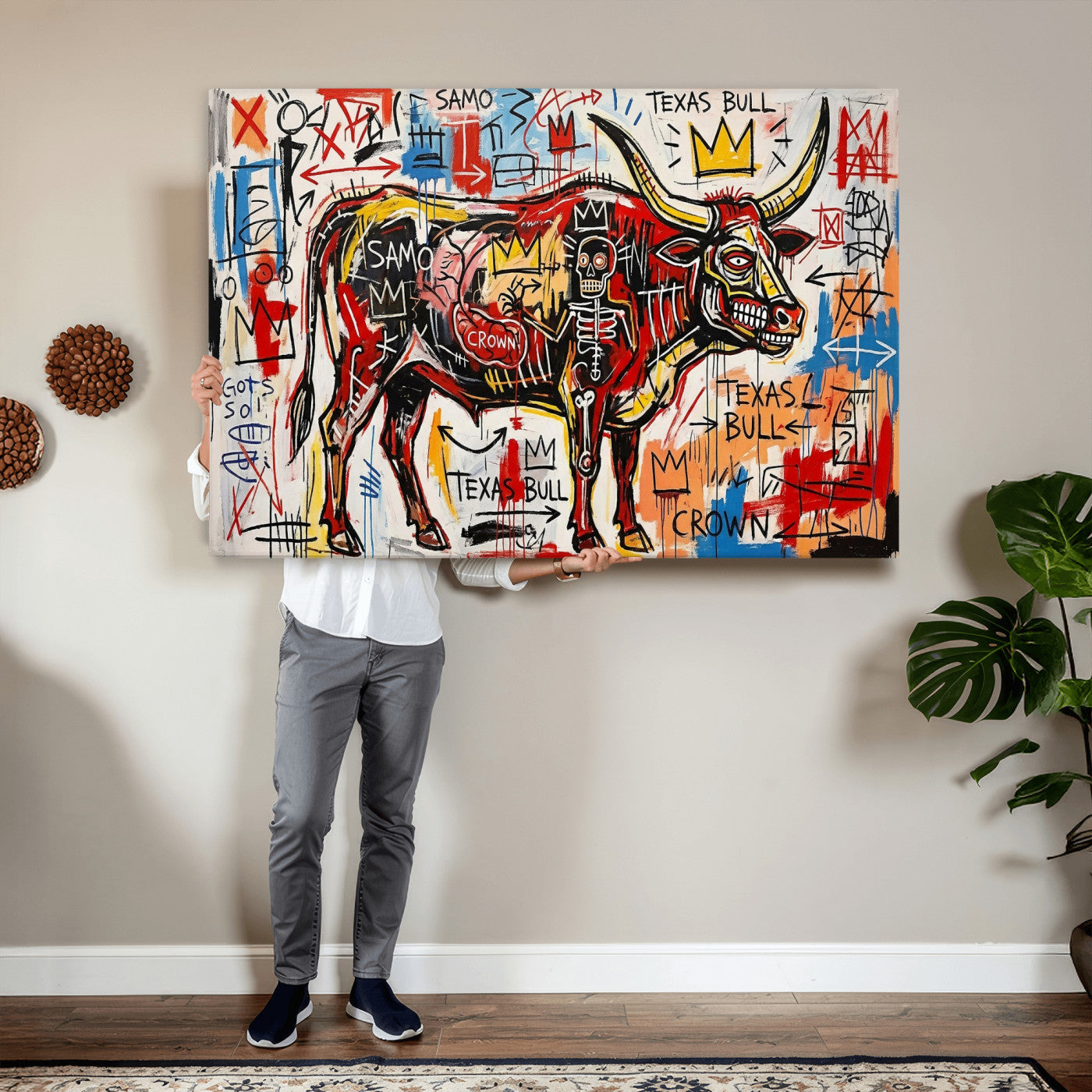 89504579-MGV-CV-36X24 - TITLE: Texas Bull Wall Art Canvas Print, Abstract Graffiti Bull Painting, Western Animal Art, Modern Ranch Decor