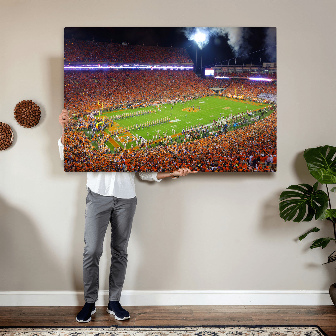43662631-MGV-CV-36X24 - Clemson Football Stadium Wall Art Canvas Print, College Football Crowd Night Game Scene, Orange Stadium Panorama Wall Decor