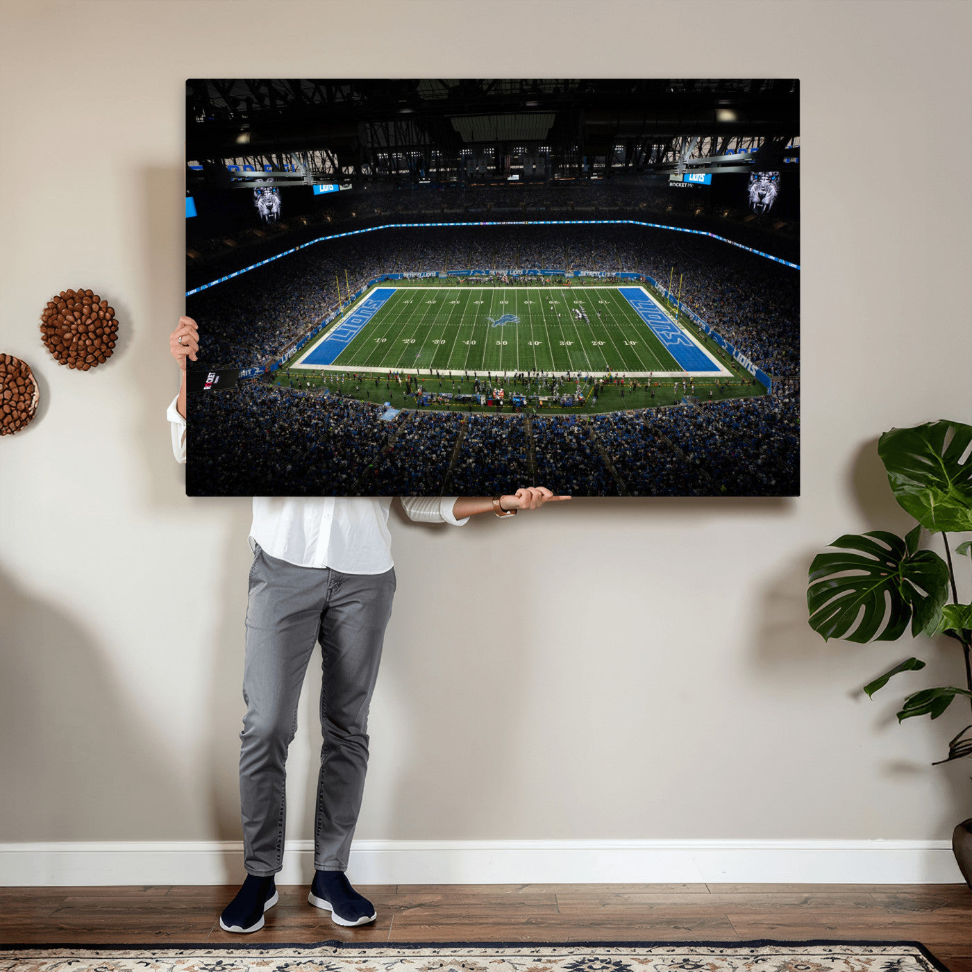 16709602-MGV-CV-36X24 - Detroit Lions Stadium Wall Art Canvas Print, Football Field Panorama Artwork, NFL Game Night Stadium Decor