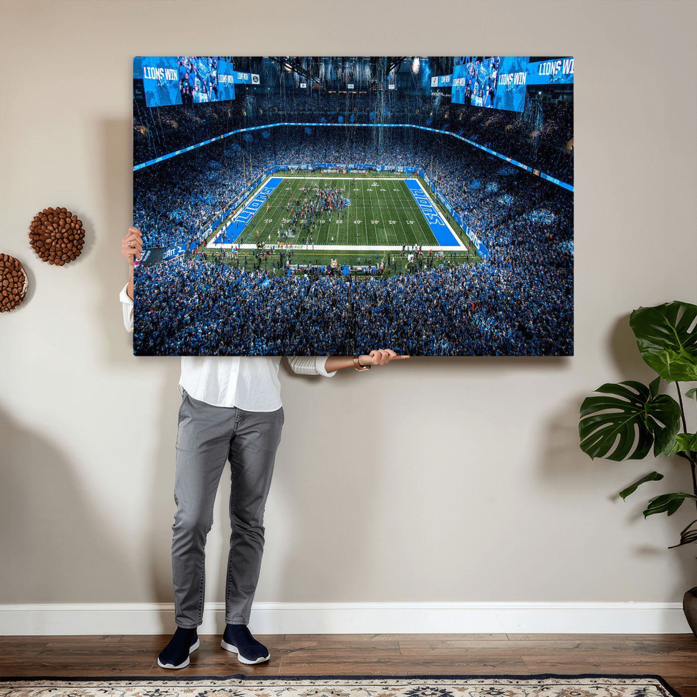 80882005-MGV-CV-36X24 - Detroit Lions Stadium Wall Art Canvas Print, Football Field Panorama Artwork, NFL Game Night Stadium Decor