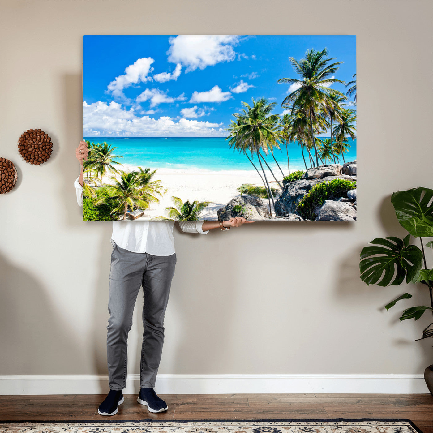 51097197-MGV-CV-36X24 - Tropical Beach Wall Art Canvas Print, Palm Tree Ocean Landscape Photography, Caribbean Coastal Artwork