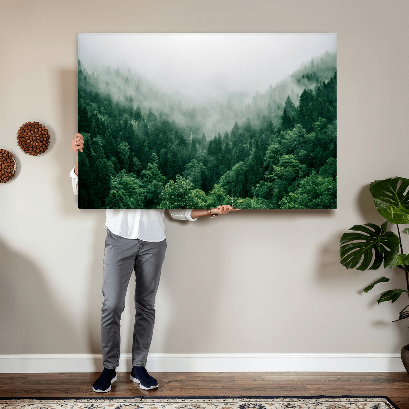 61640815-MGV-CV-36X24 - Misty Pine Forest Wall Art Canvas Print, Foggy Evergreen Landscape Wall Decor, Moody Green Nature Artwork, Minimal Forest Canvas Wall Art, Framed Canvas Wall Art Ready to Hang