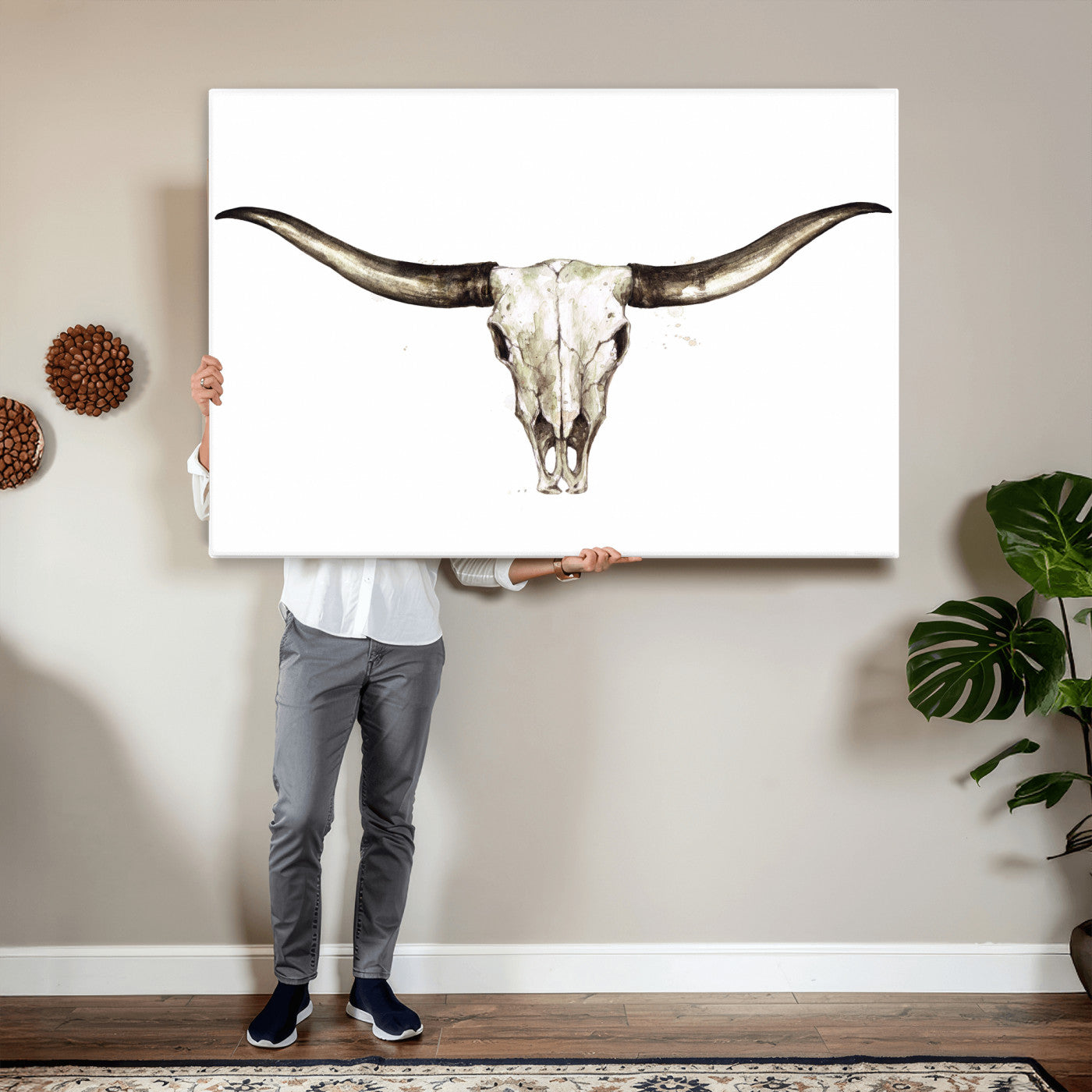 42788678A-MGV-CV-36X24 - Longhorn Skull Wall Art Canvas Print – Rustic Western Artwork Print for Living Room Wall Decor