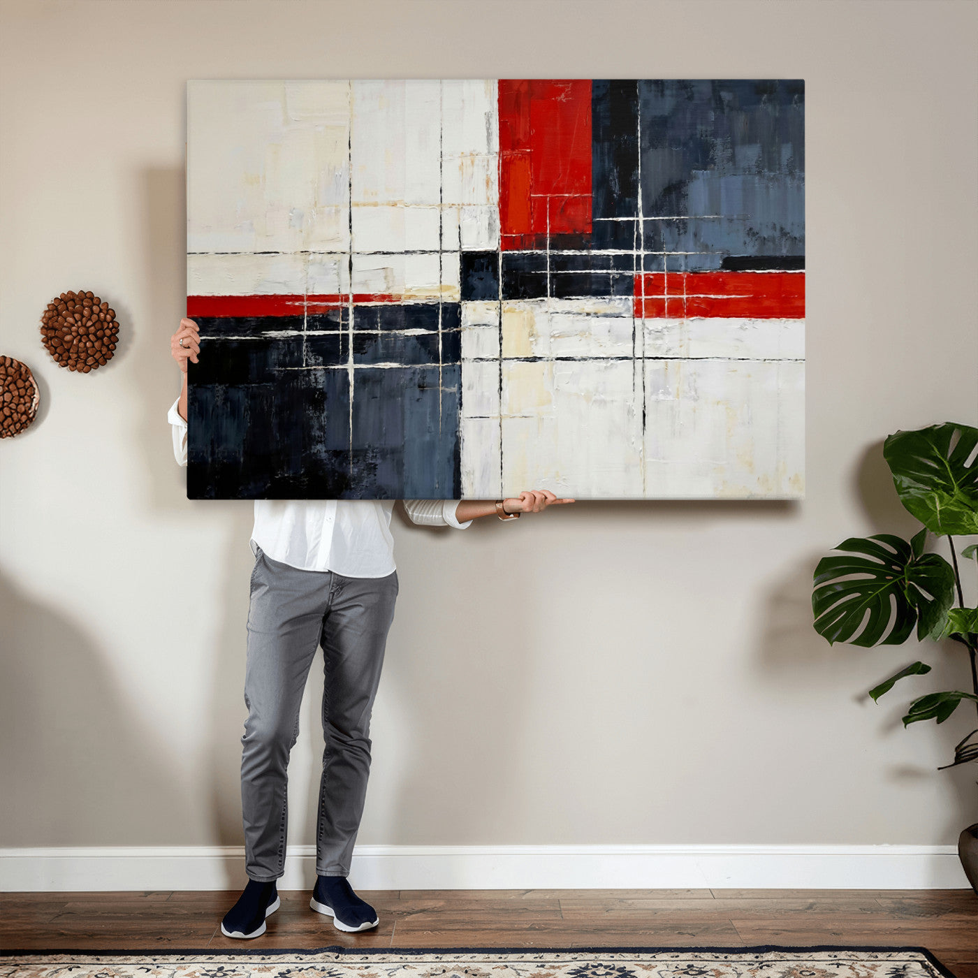 11921181-MGV-CV-36X24 - Navy Red Abstract Wall Art Canvas Print, Modern Luxury Geometric Painting Wall Decor for Living Room and Office