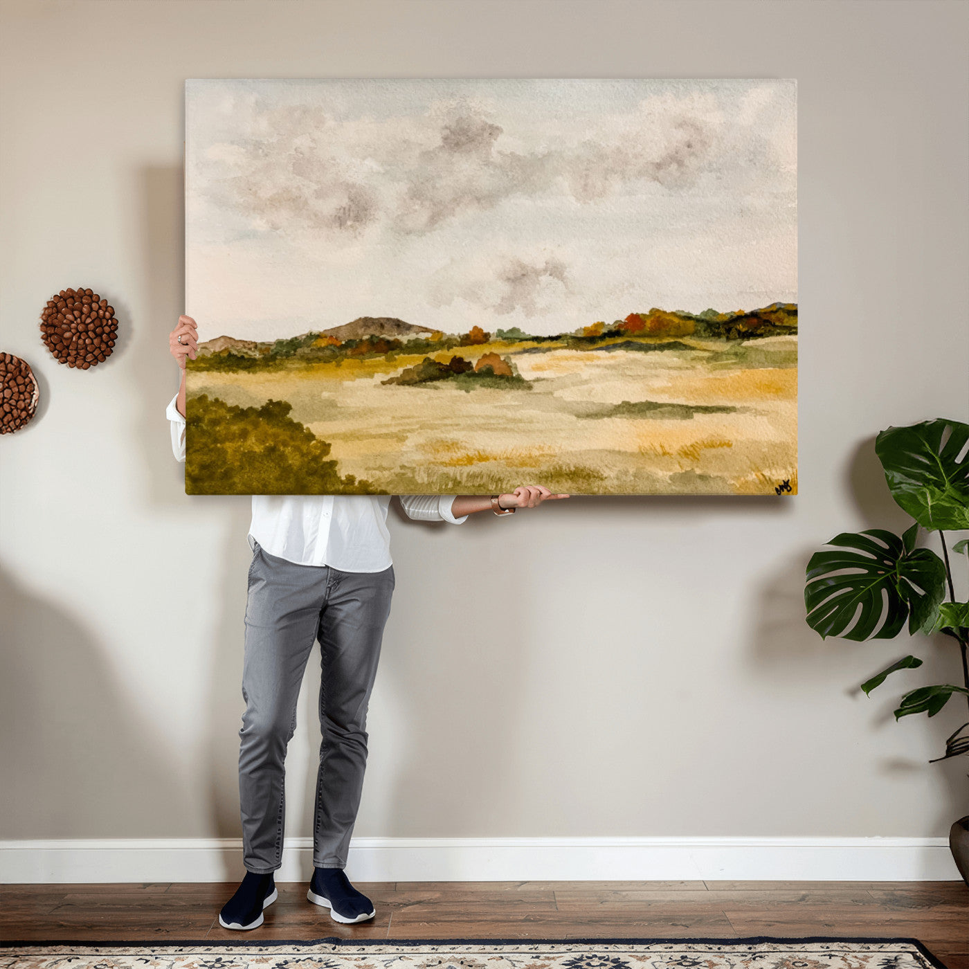 94151004-MGV-CV-36X24 - Watercolor Abstract Countryside Wall Art Canvas Print, Neutral Pastoral Landscape Painting Wall Decor for Modern Farmhouse Interiors