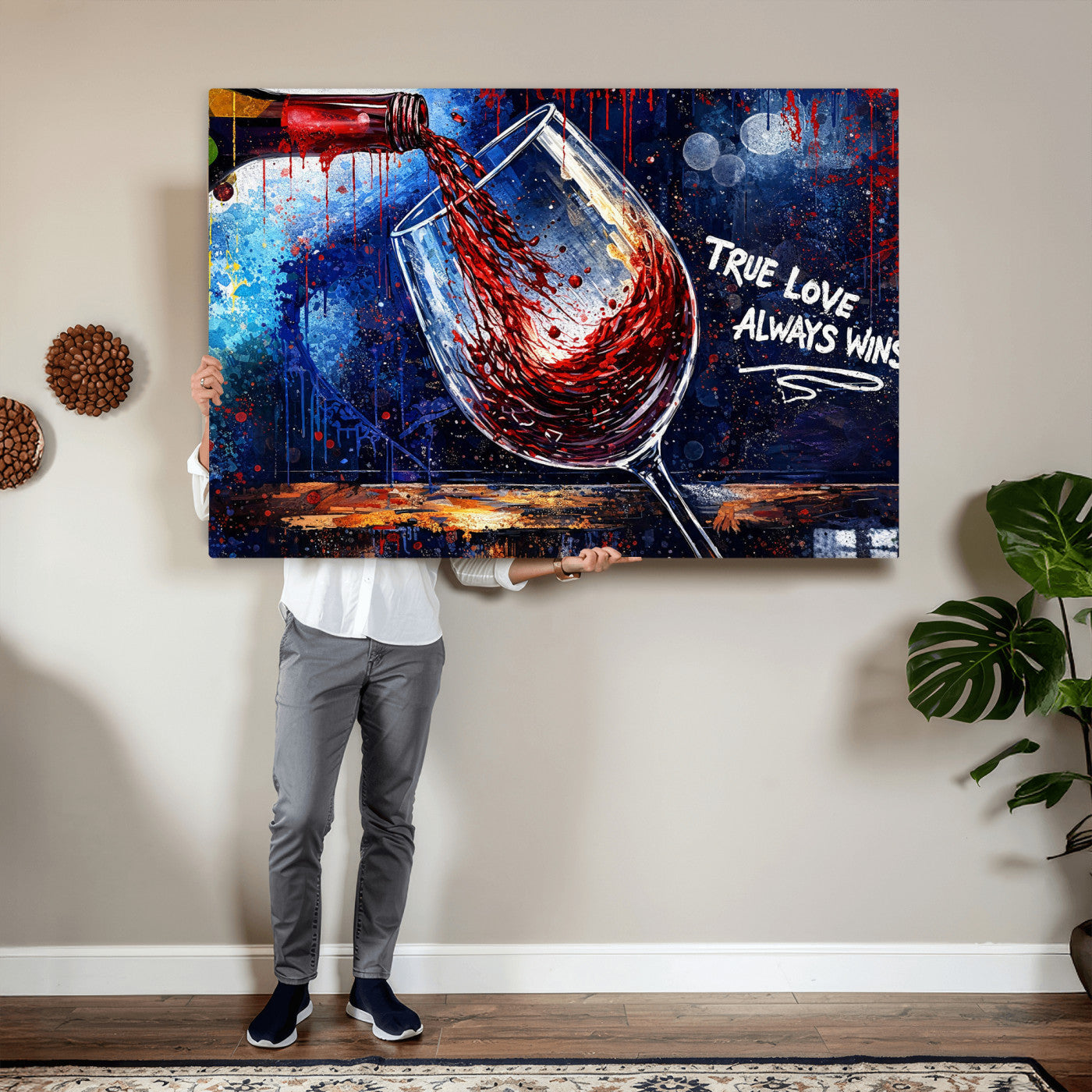88788932-MGV-CV-36X24 - Red Wine Splash Abstract Wall Art Canvas Print, Modern Wine Glass Painting Canvas Print, Romantic Quote Contemporary Bar Art Print