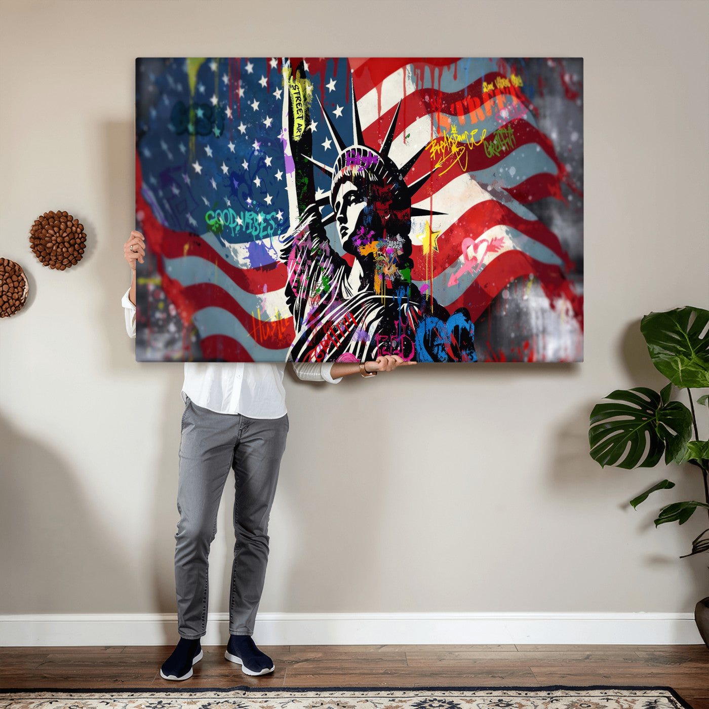 32151941-MGV-CV-36X24 - USA Statue of Liberty Graffiti Street Art Wall Art Canvas Print, American Flag Urban Pop Art Canvas Print, Modern Patriotic Street Art Contemporary Art Printing