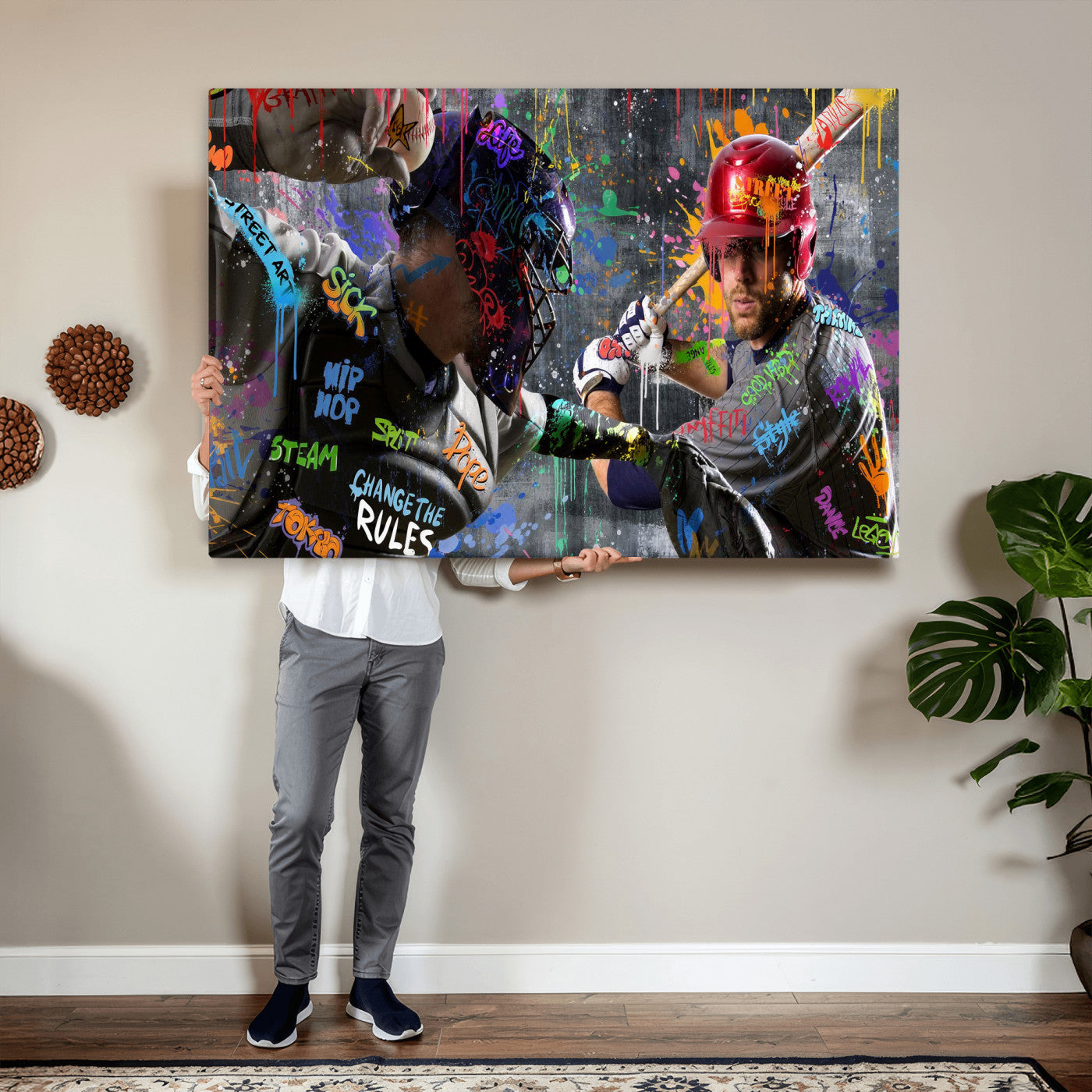 19634994-MGV-CV-36X24 - Graffiti Baseball Player Street Art Wall Art Canvas Print, Urban Sports Pop Art Baseball Canvas Print, Modern Athletic Graffiti Contemporary Art Printing