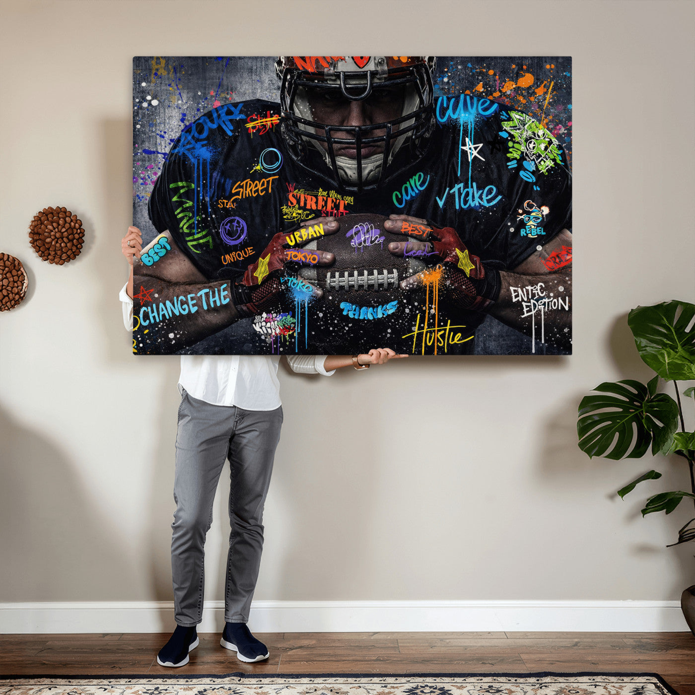 55267256-MGV-CV-36X24 - Graffiti American Football Player Street Art Wall Art Canvas Print, Urban Sports Pop Art Football Canvas Print, Modern Athletic Graffiti Contemporary Art Printing