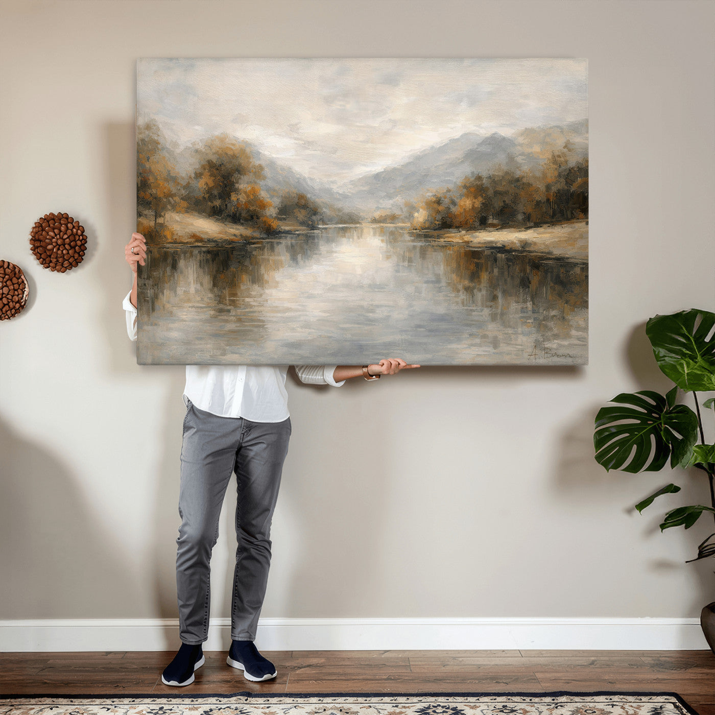 29251761-MGV-CV-36X24 - Neutral Abstract River Landscape Wall Art Canvas Print, Modern Minimal Nature Reflection Canvas Print, Beige Gray Contemporary Mountain Art Printing