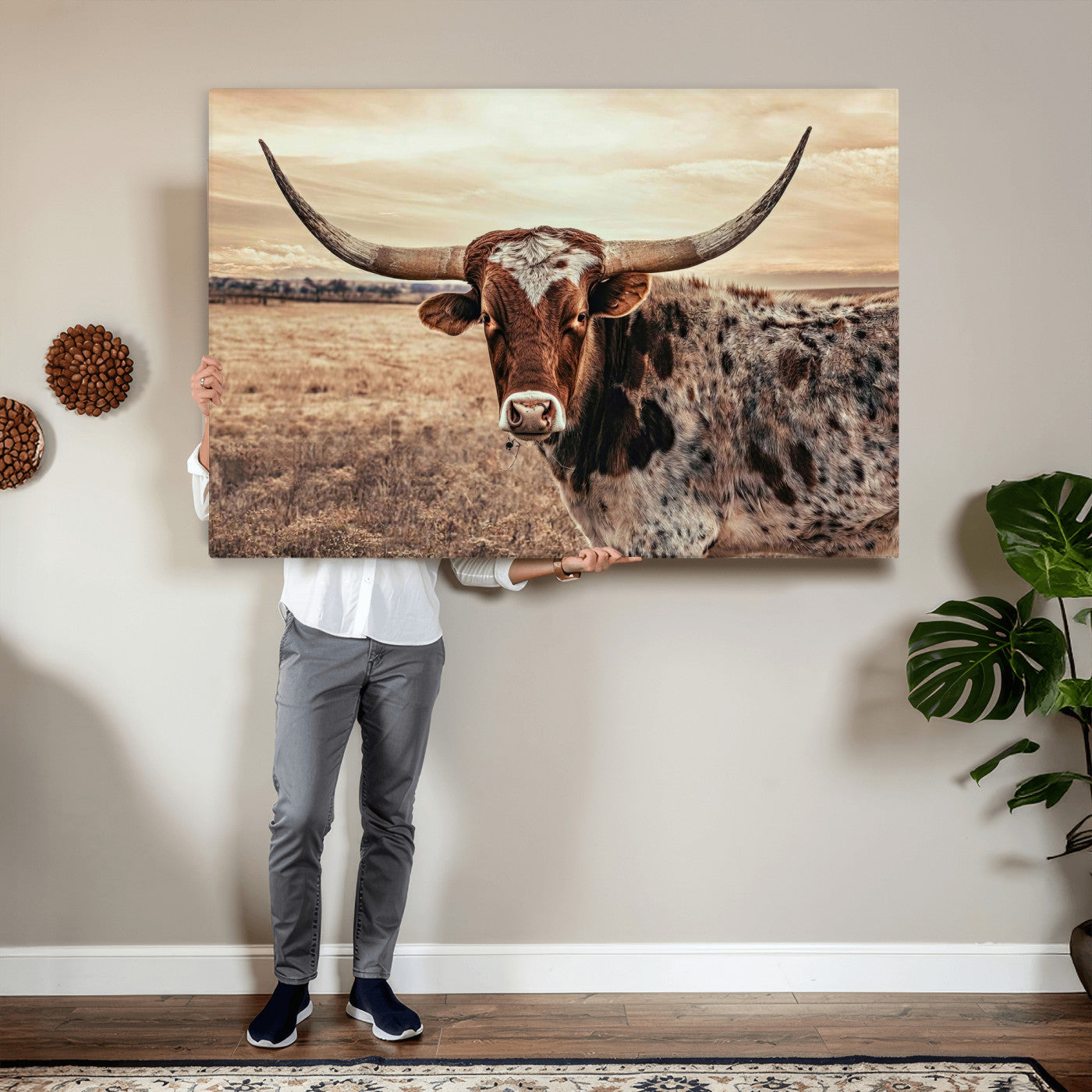 55805825-MGV-CV-36X24 - Texas Longhorn Wall Art Canvas Print – Western Cattle Ranch Artwork for Rustic Farmhouse Decor